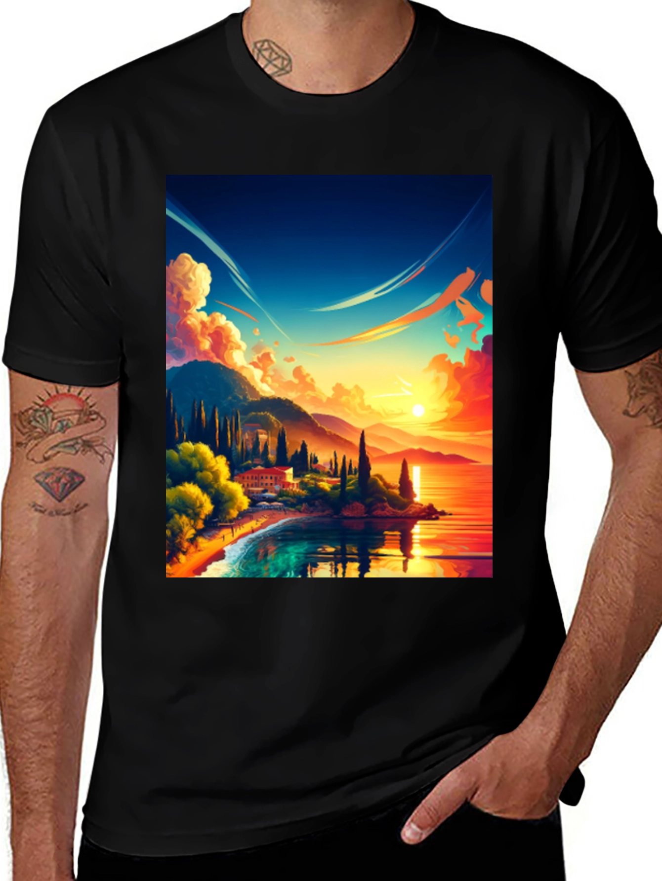 Black Vibrant Sunset Landscape Graphic Tee main image