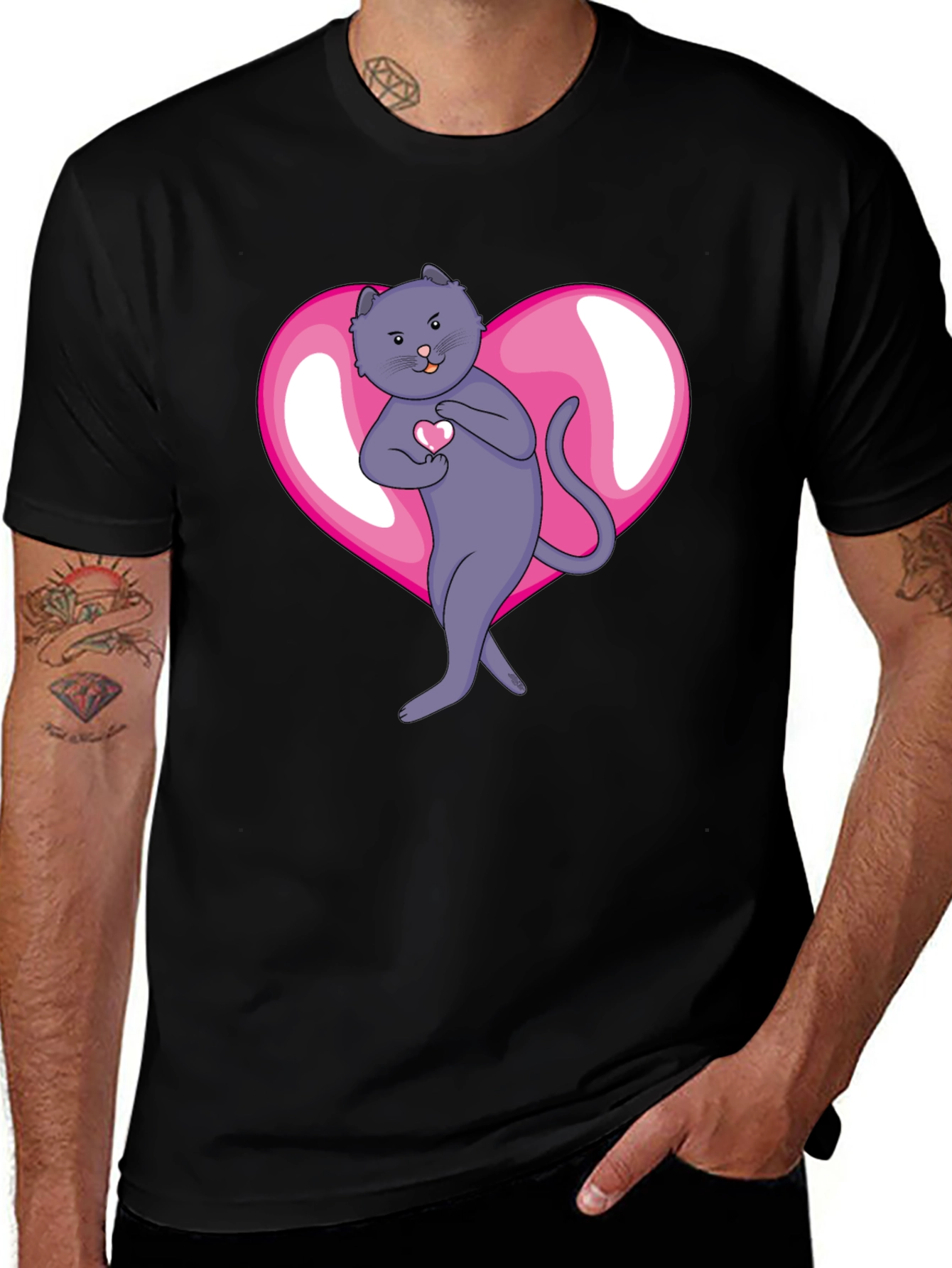 Variant 16 of Heart Cat Graphic Tee - Men's Black T-Shirt