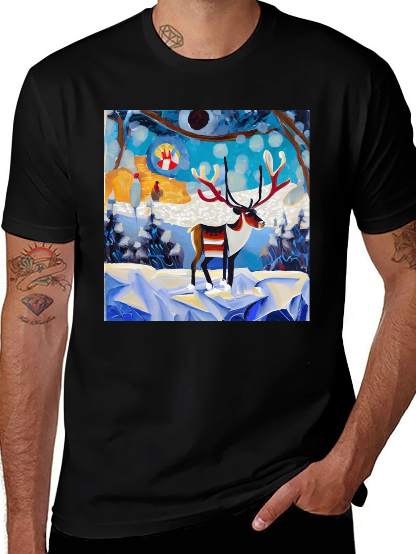 Variant 6 of Winter Reindeer Graphic Tee - Artistic Christmas Shirt