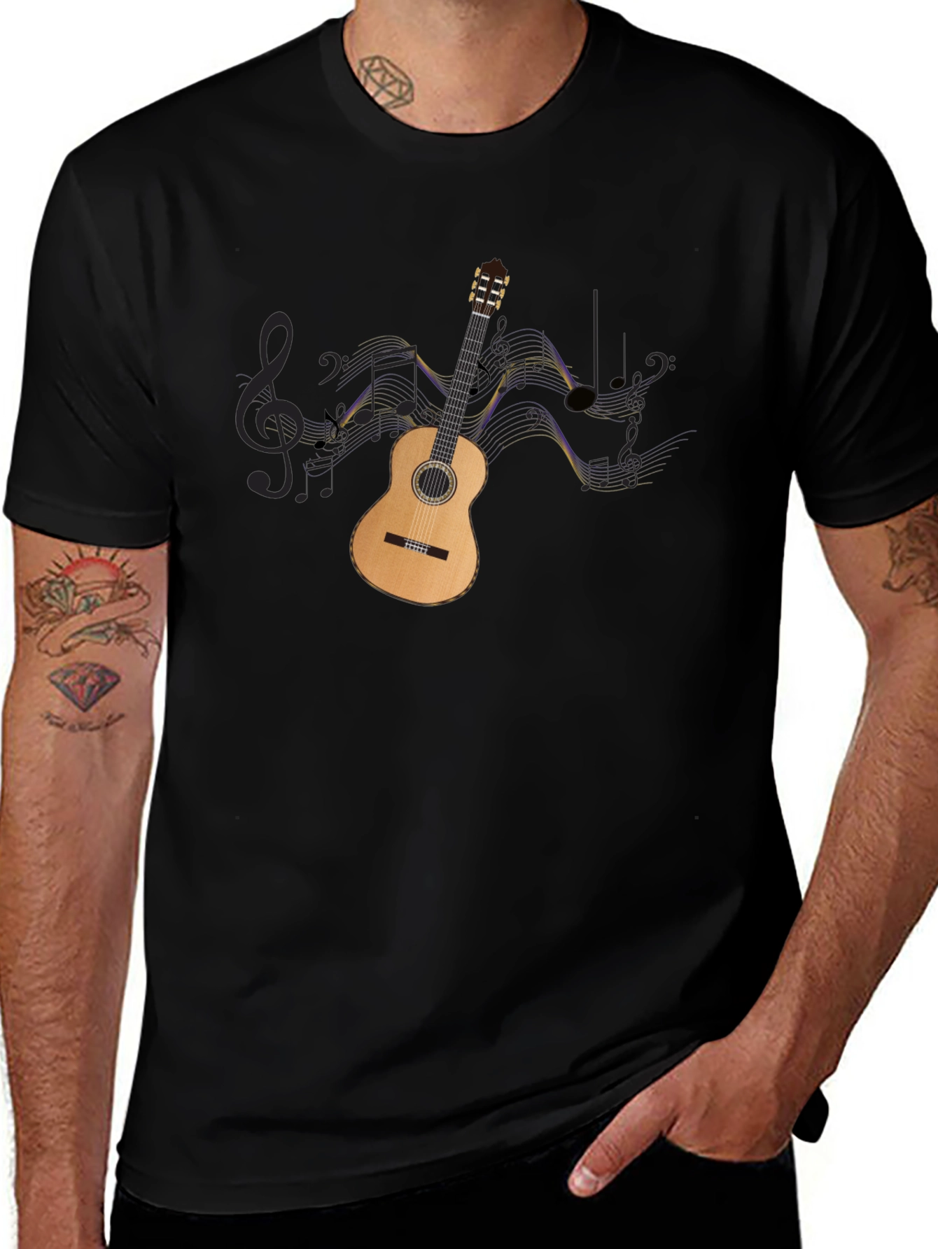 Variant 3 of Guitar & Music Notes Graphic Black Tee
