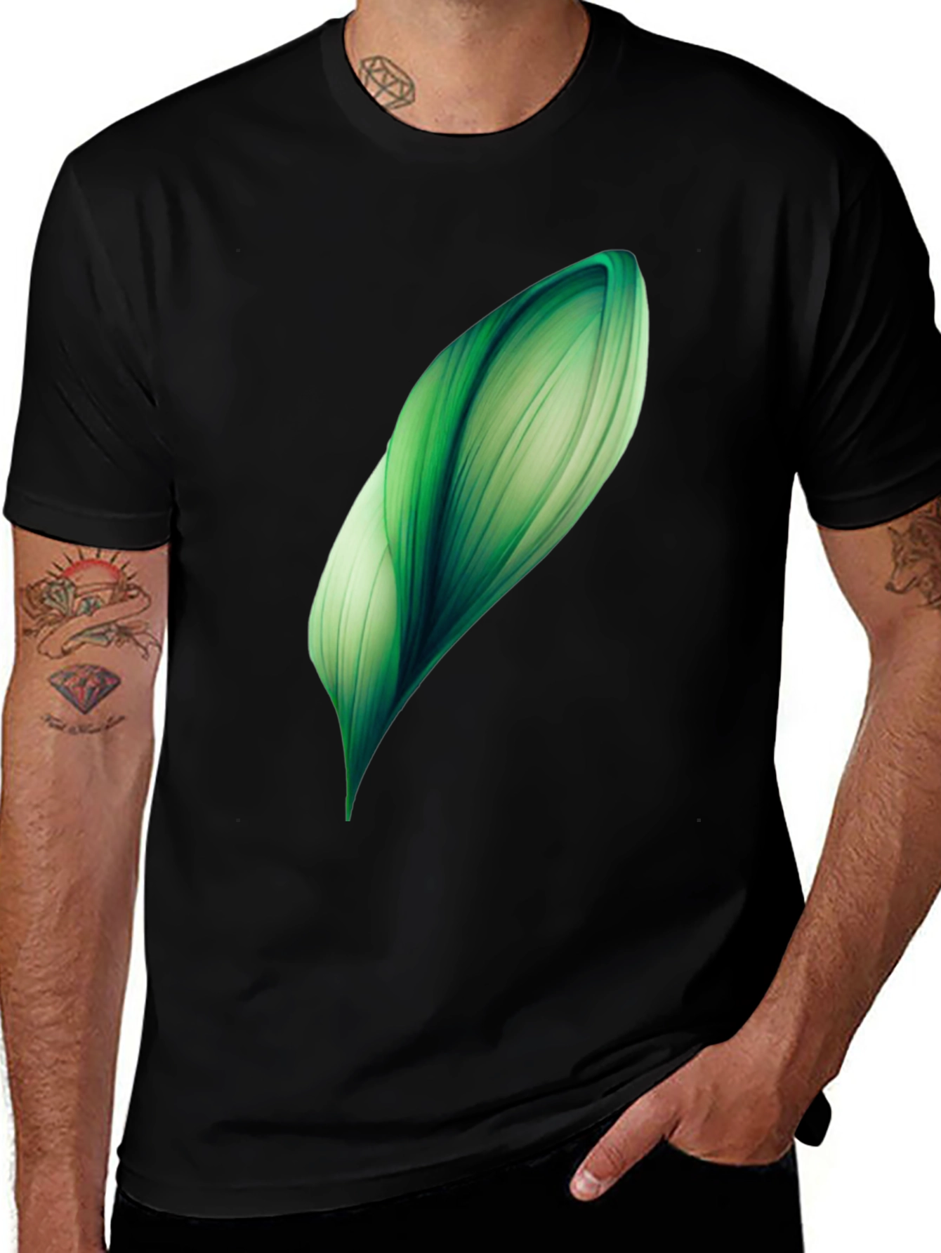 Variant 23 of Abstract Green Leaf Graphic Print Black T-Shirt