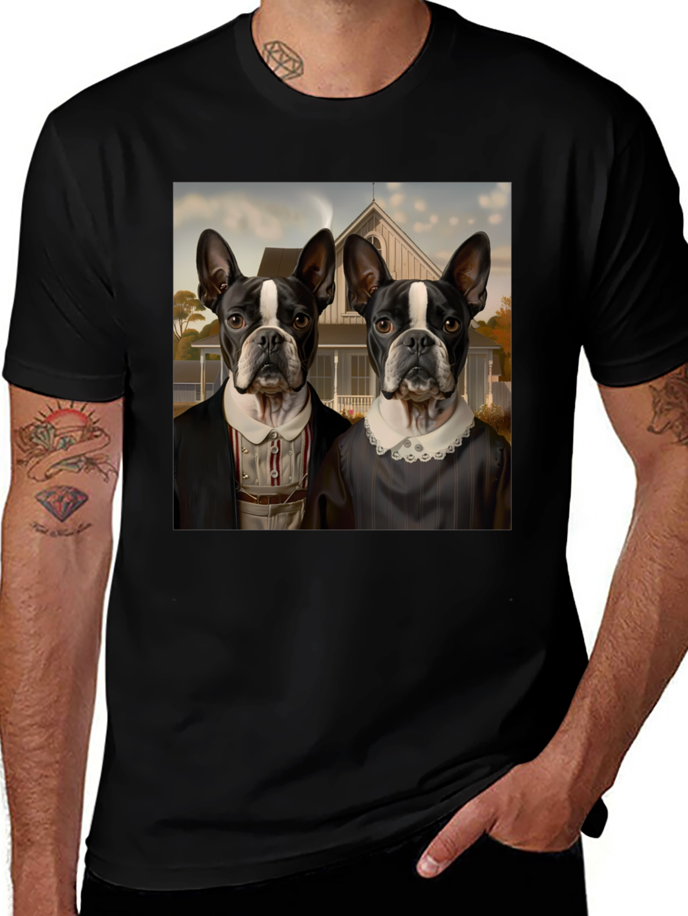 Boston Terrier Dog Portrait Art Black T-Shirt