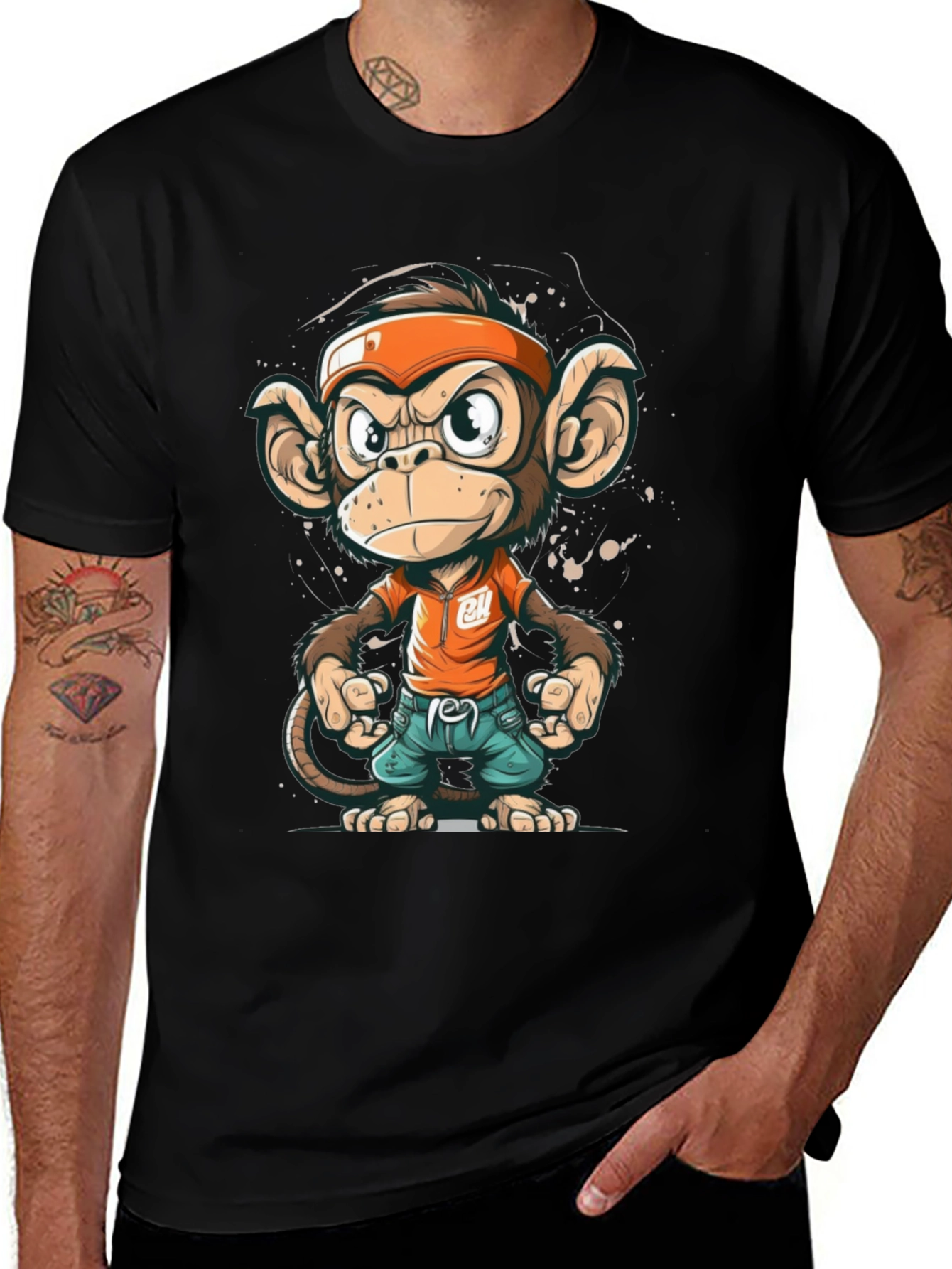Monkey Cartoon T-Shirt - Black Crew Neck