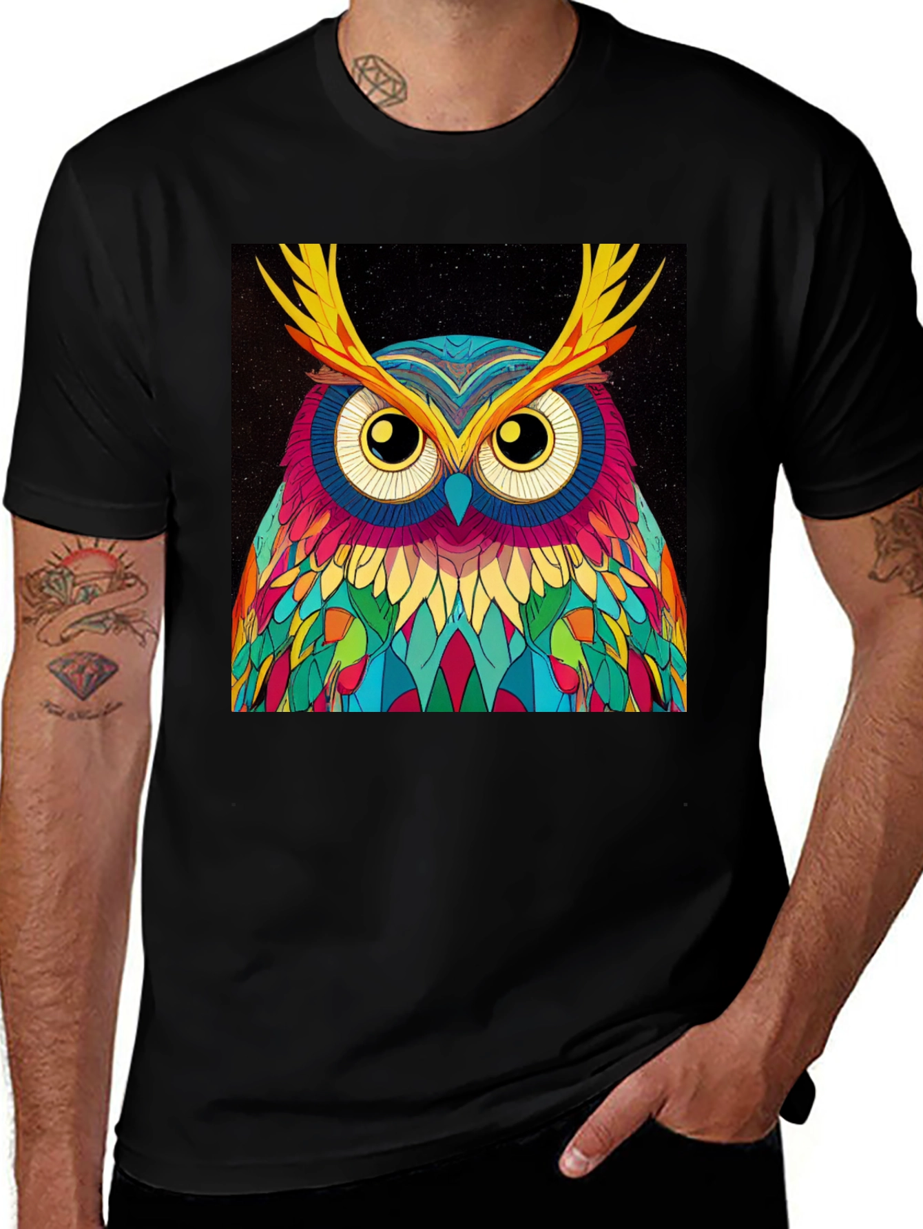 Variant 21 of Colorful Owl Graphic Tee - Men's Black T-Shirt