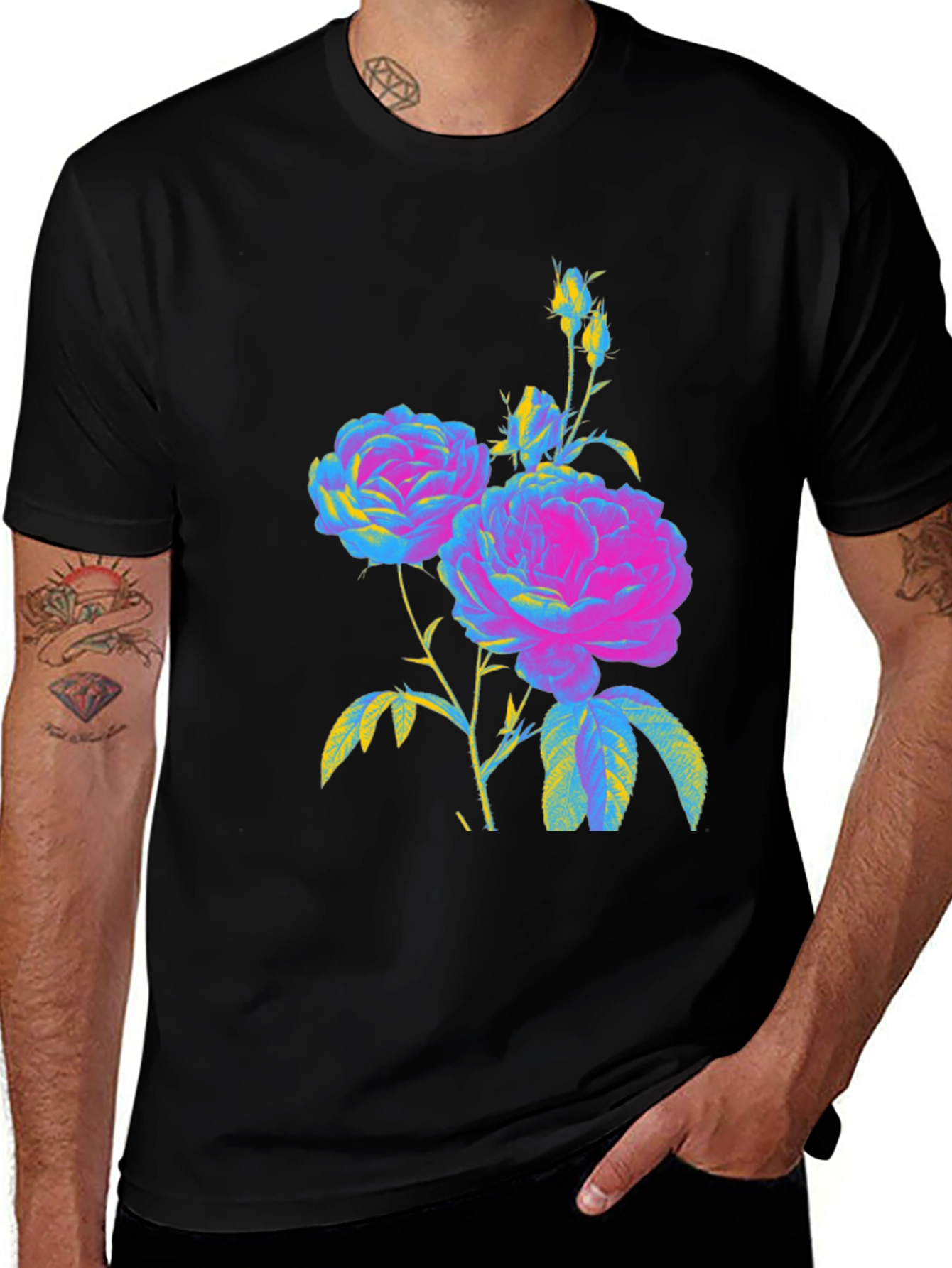 Variant 13 of Floral Print T-Shirt - Vivid Roses on Black