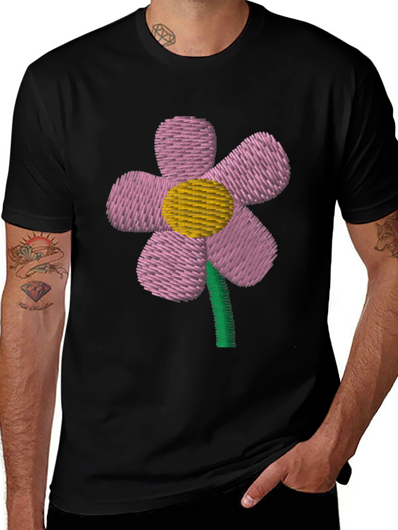 Flower Power Tee: Embroidered Graphic Black Cotton T-Shirt
