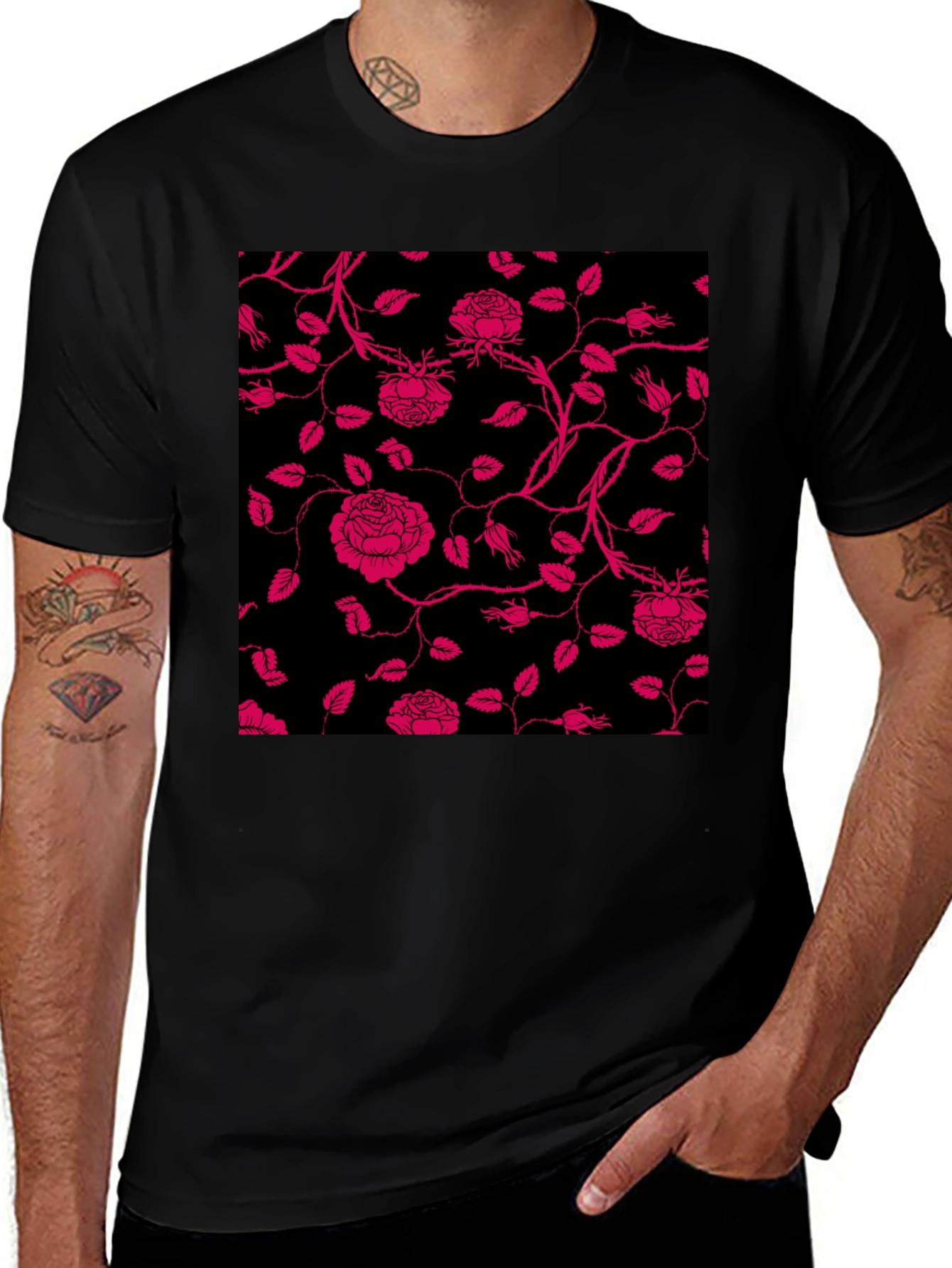 Variant 5 of Floral Rose Print T-Shirt - Black