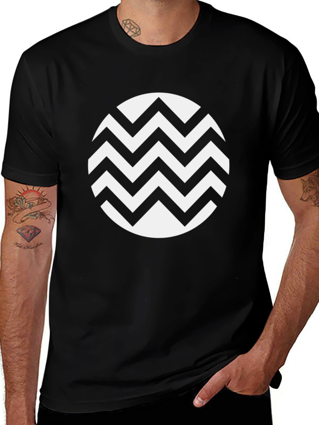 Variant 28 of Black T-Shirt with White Zigzag Circle Design