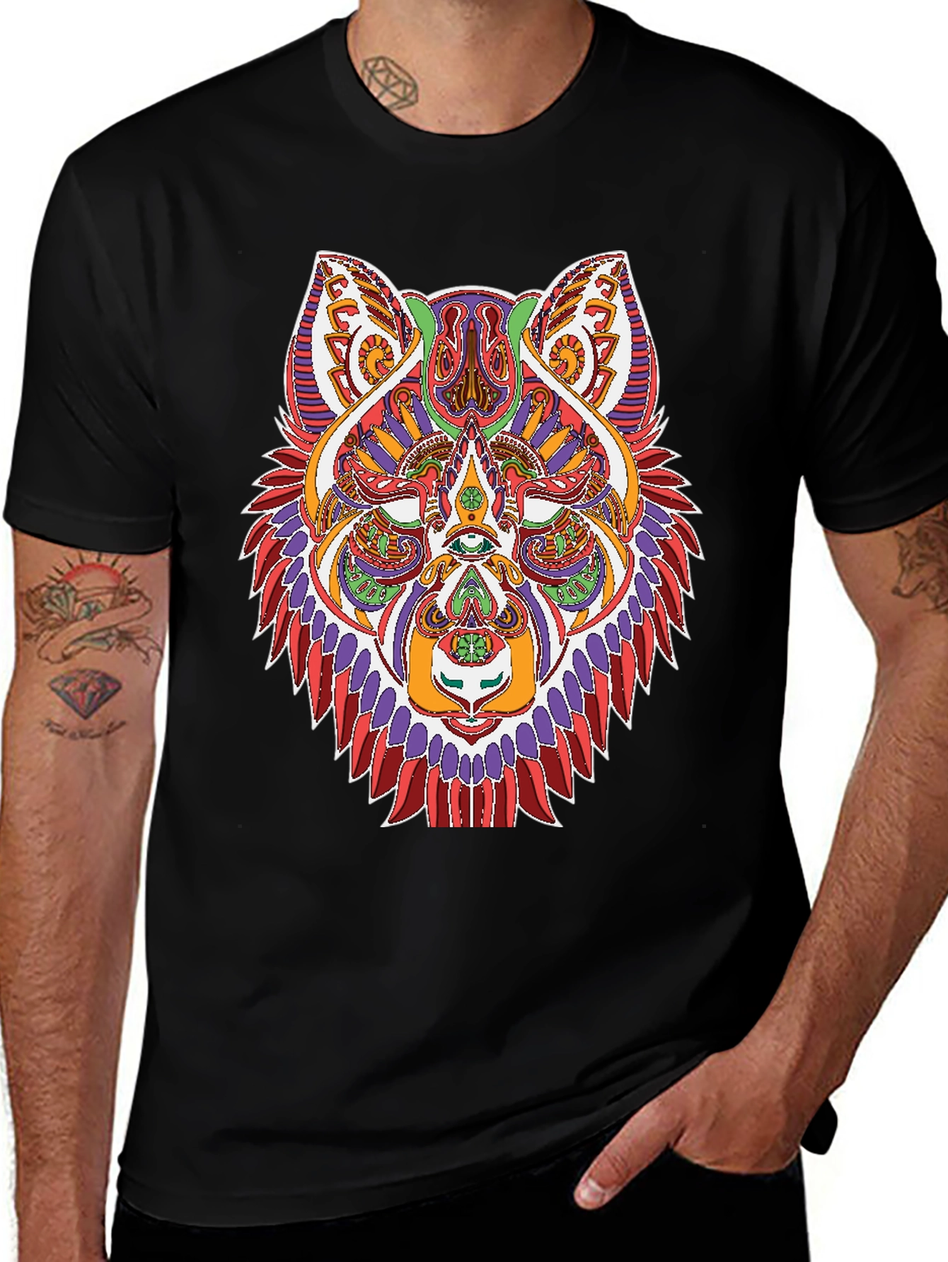 Psychedelic Wolf Graphic Tee - Black Unisex Shirt