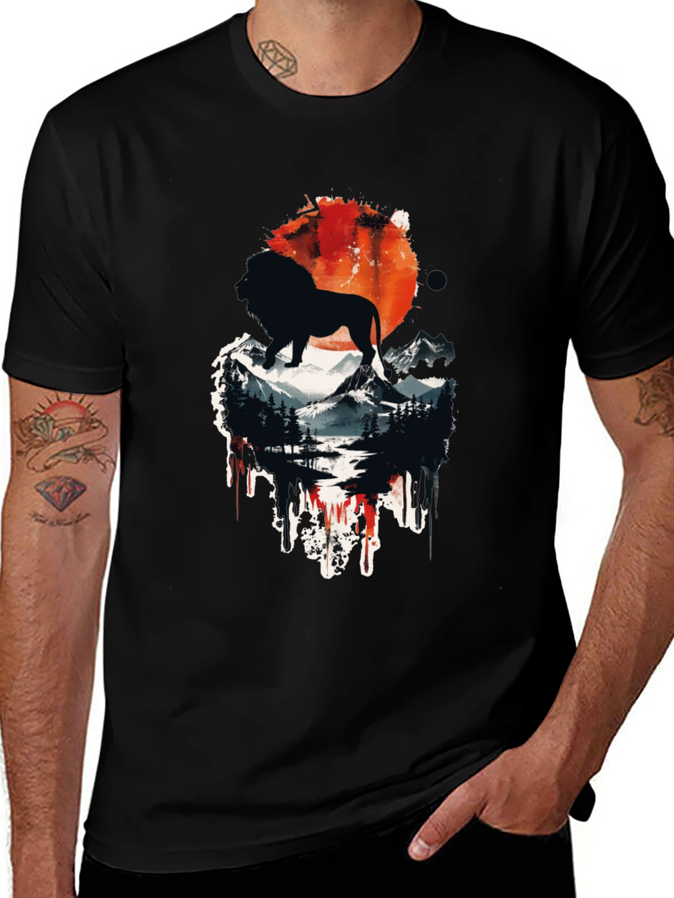 Variant 6 of Lion Landscape Graphic Print Black T-Shirt