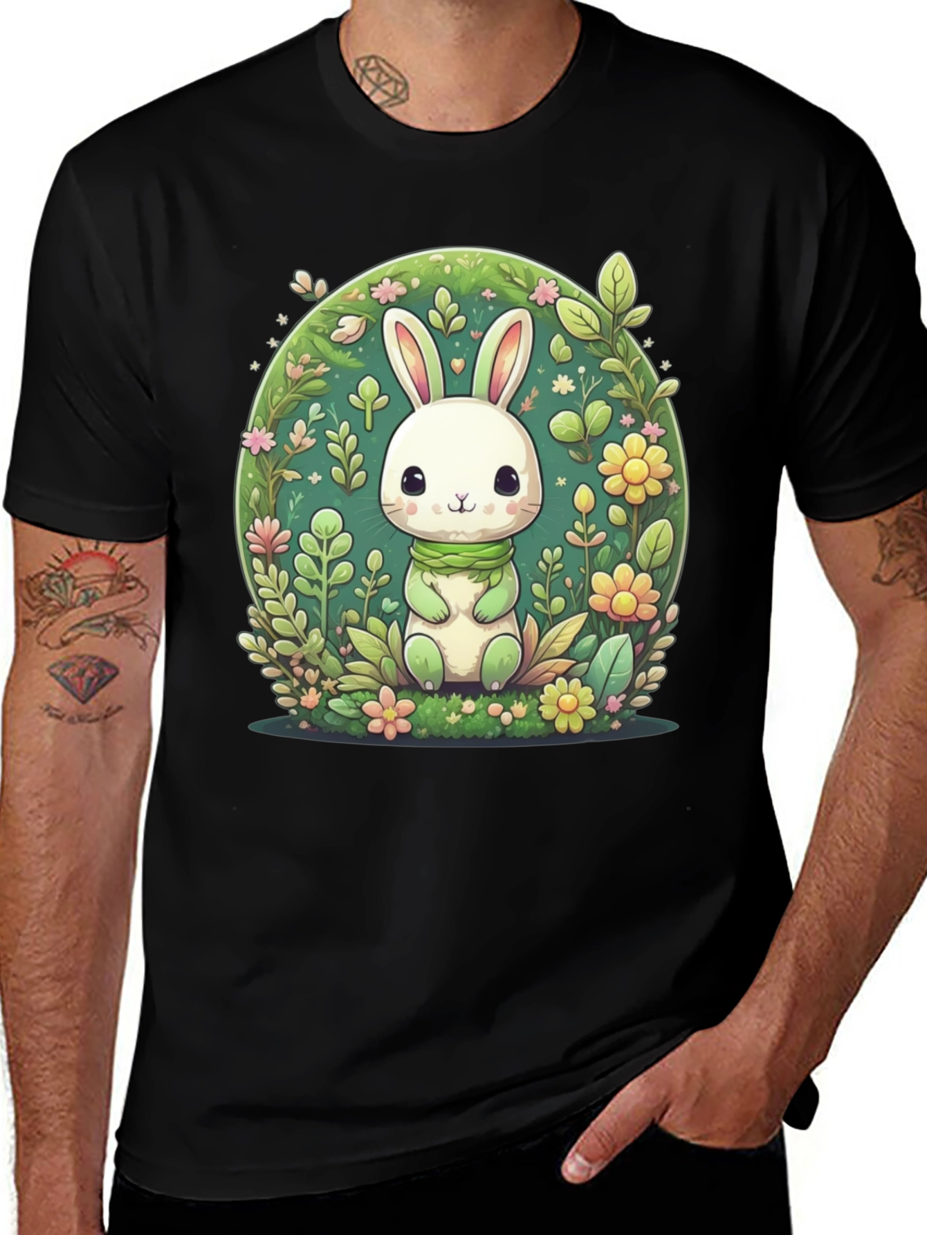 Variant 17 of Cute Bunny & Floral Design Black T-Shirt