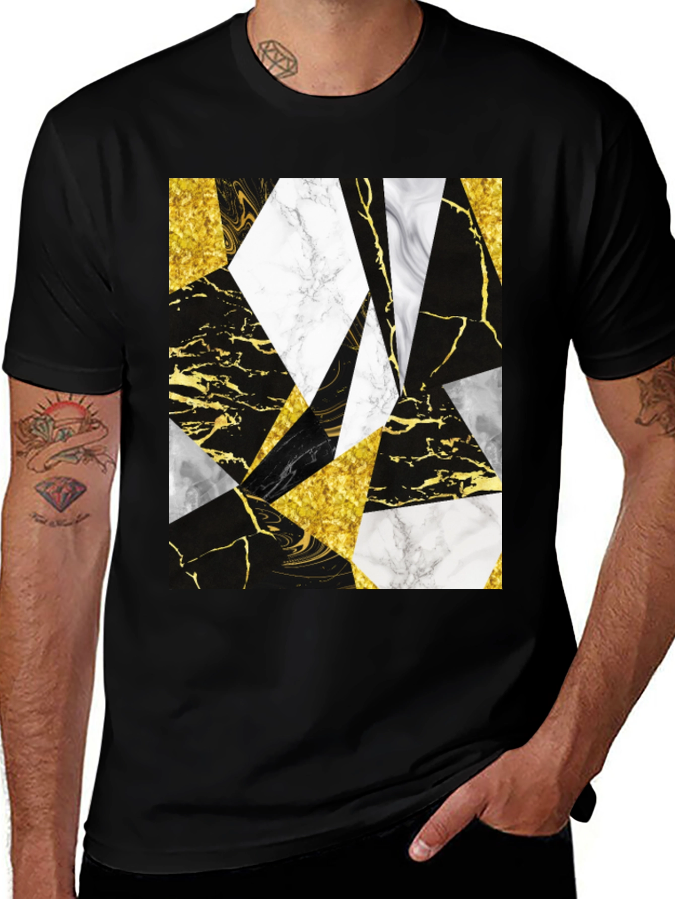 Variant 16 of Geometric Marble & Gold Print Black T-Shirt
