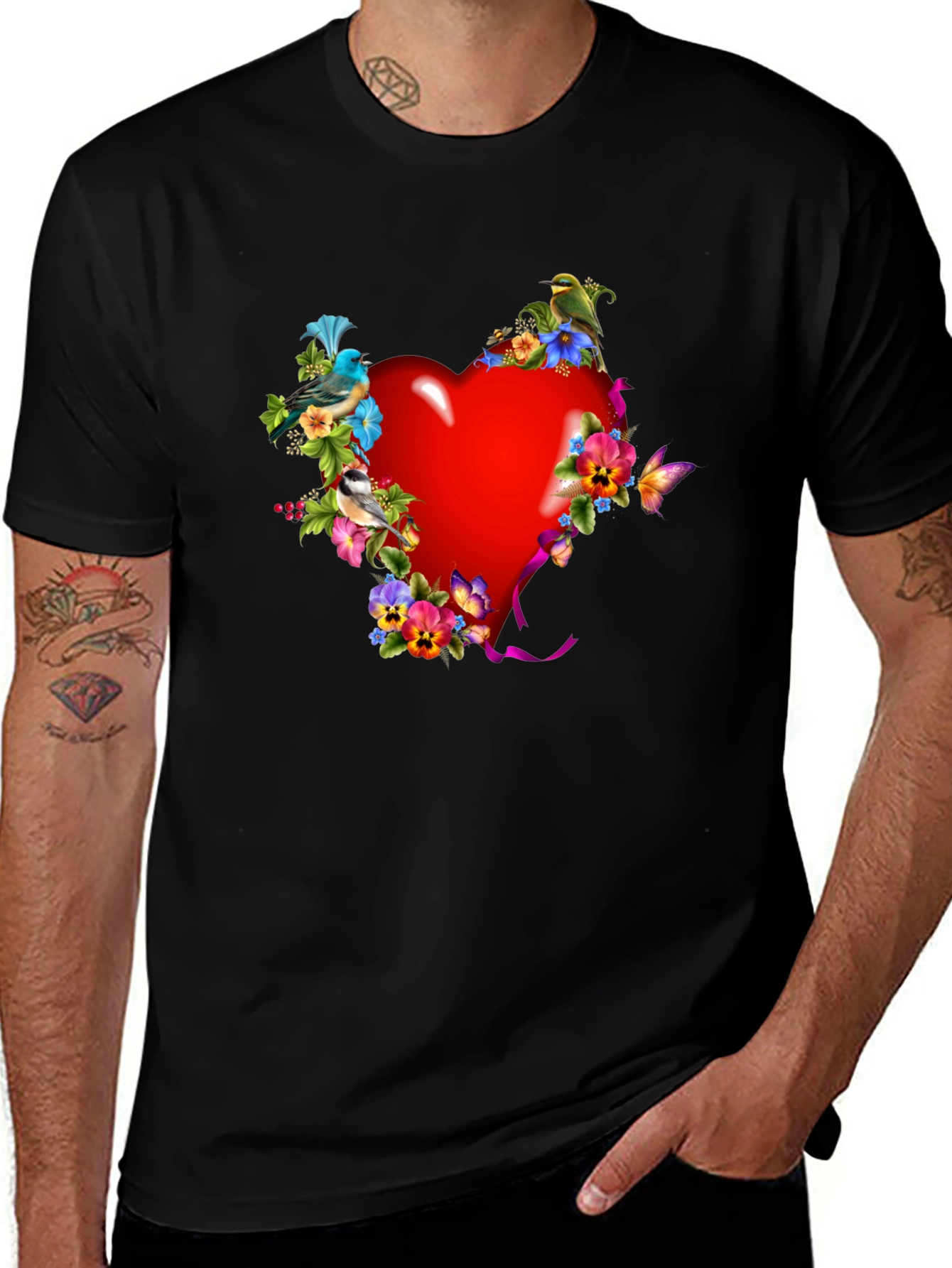 Variant 12 of Heart Floral Bird Graphic Black T-Shirt
