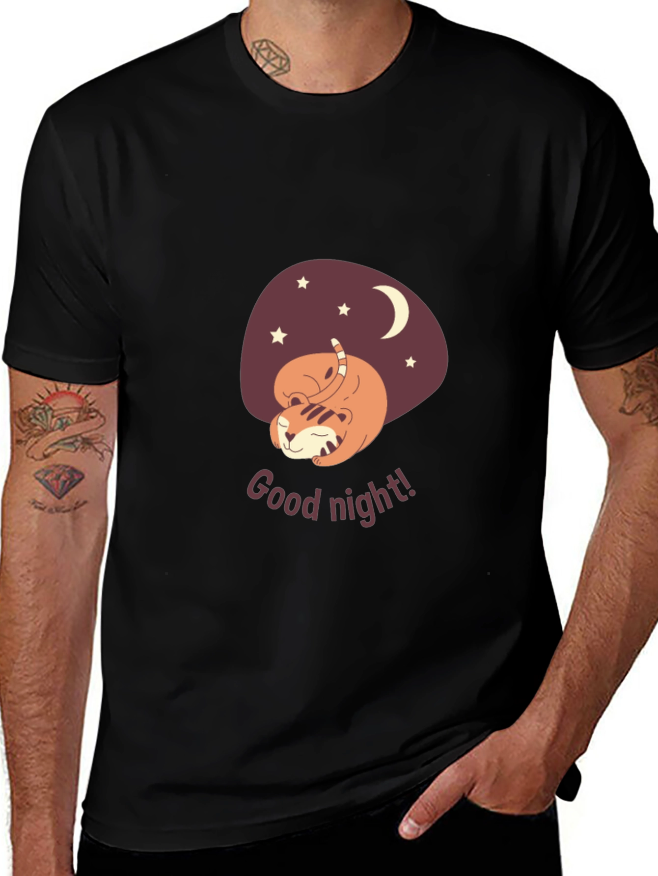 Variant 5 of Cute Cartoon Tiger 'Good Night!' Black T-Shirt