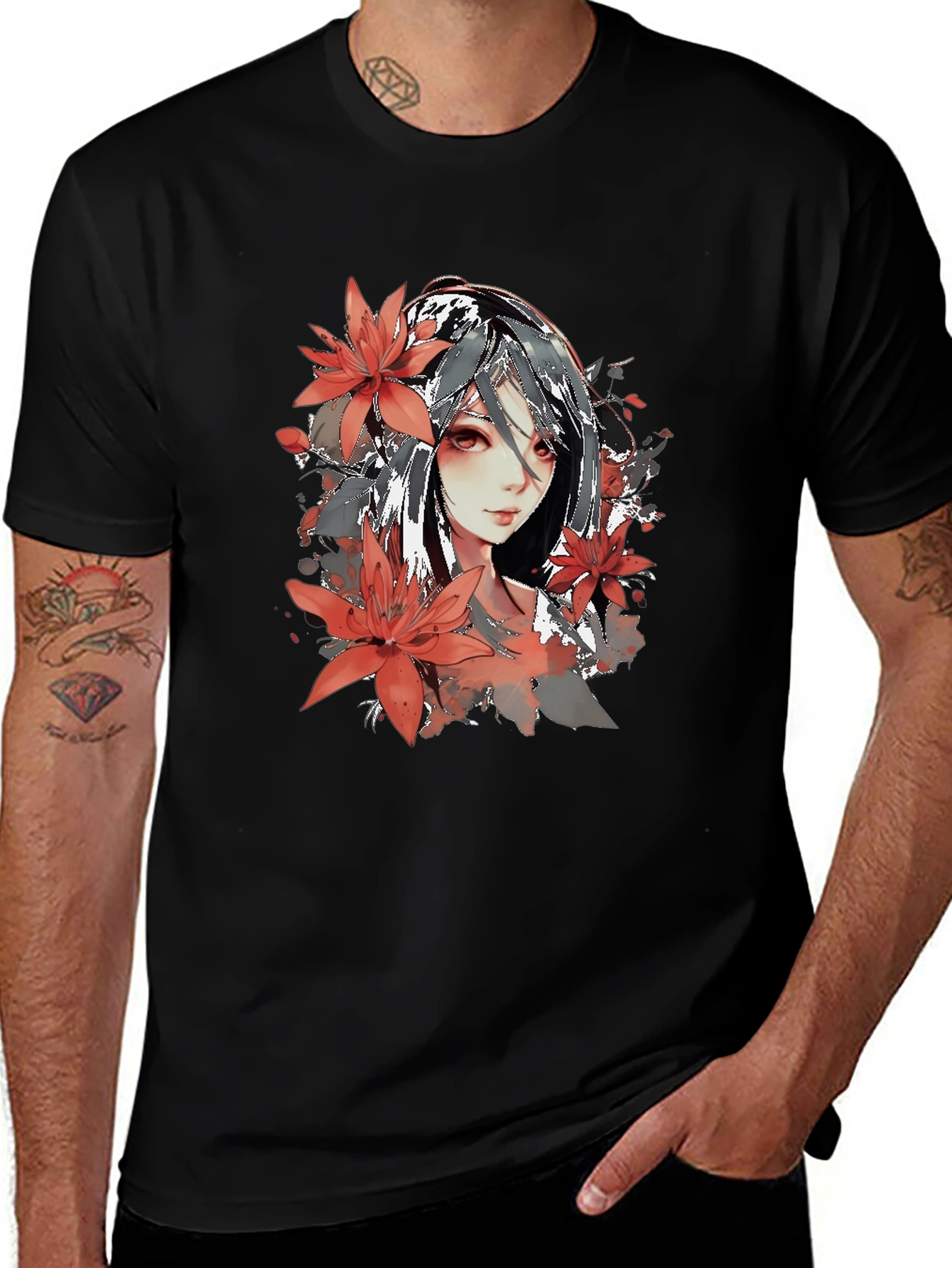 Variant 26 of Anime Girl Floral Graphic Black T-Shirt