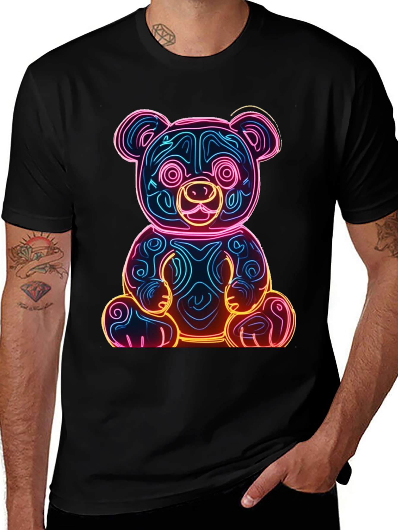 Variant 28 of Neon Teddy Bear Graphic Tee - Black Cotton T-Shirt