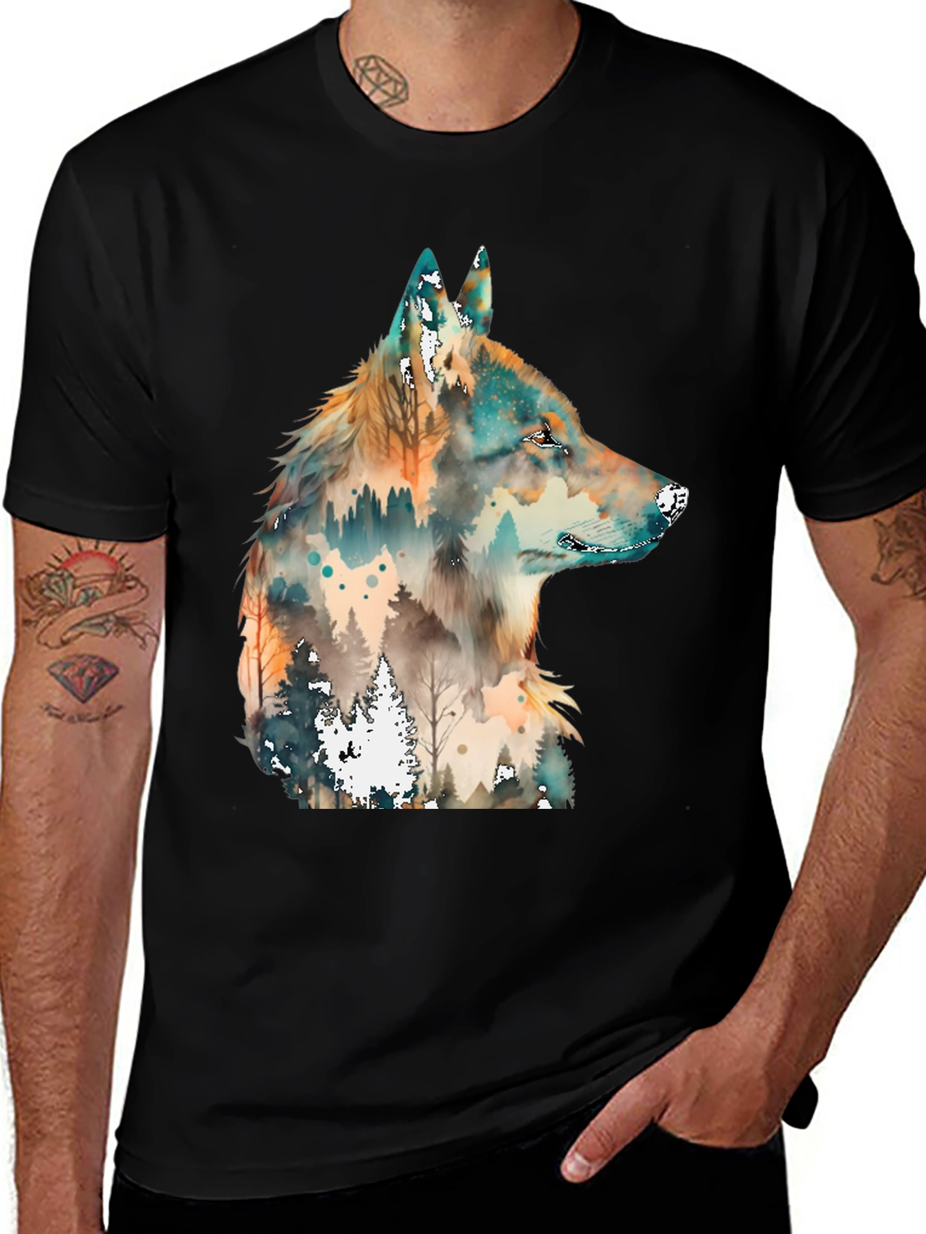 Variant 2 of Watercolor Wolf Graphic Tee - Men's Black T-Shirt