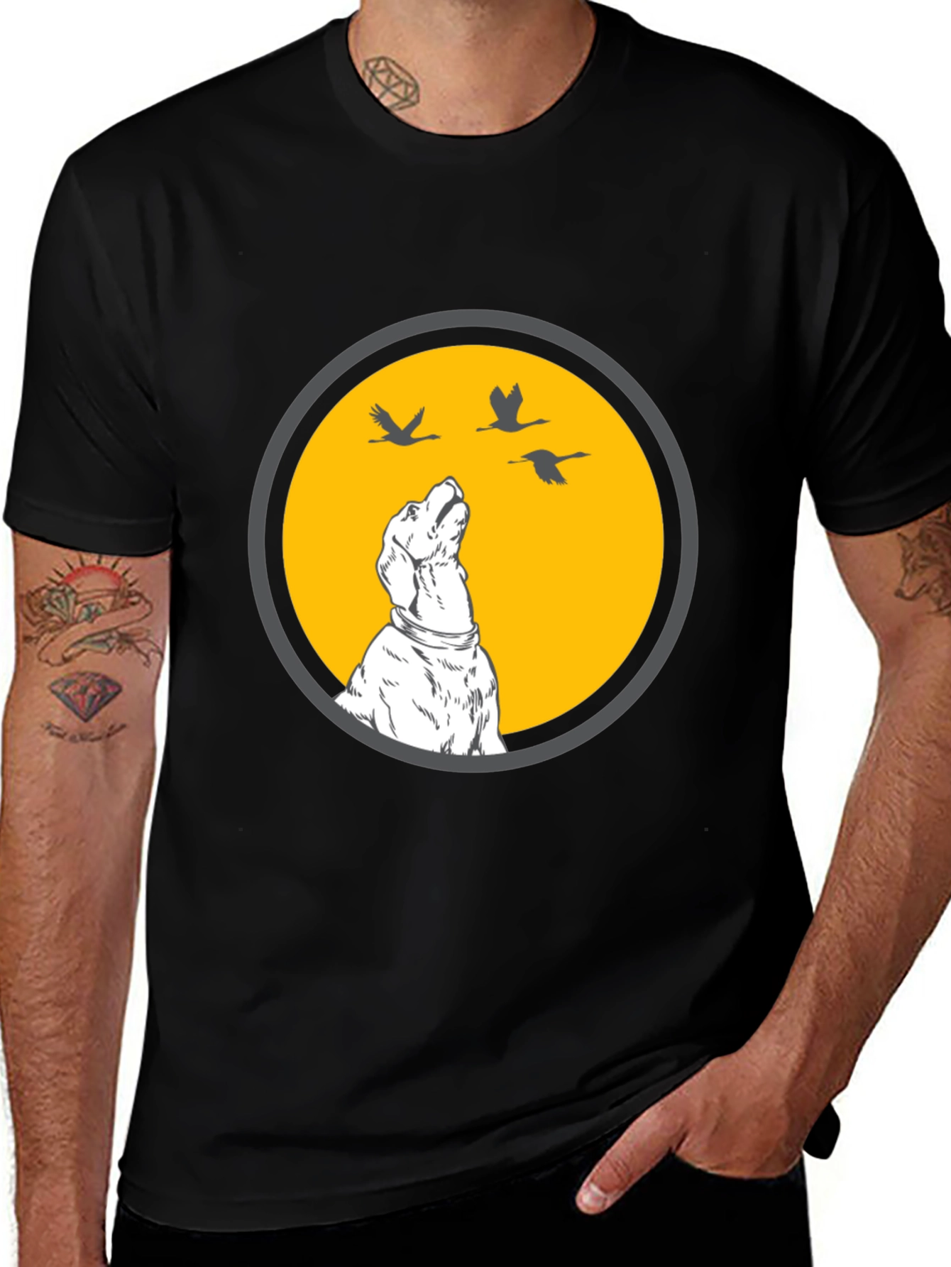 Variant 10 of Dog & Birds Graphic Tee - Black Cotton T-Shirt