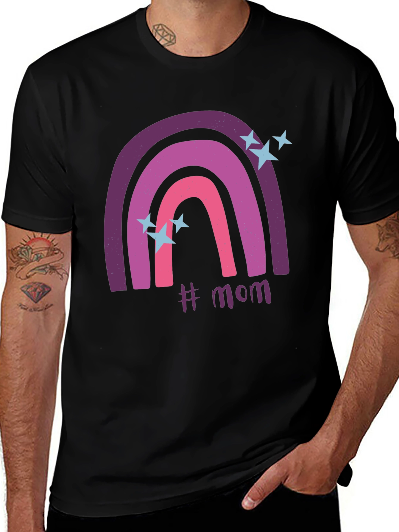Variant 25 of Trendy #Mom Rainbow Graphic Tee - Black Cotton T-Shirt