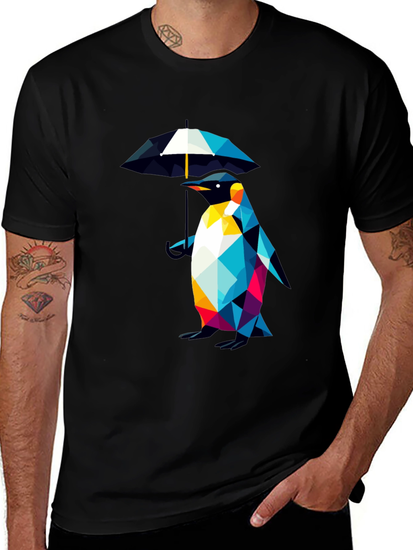 Geometric Penguin Umbrella T-Shirt - Stylish Black Tee