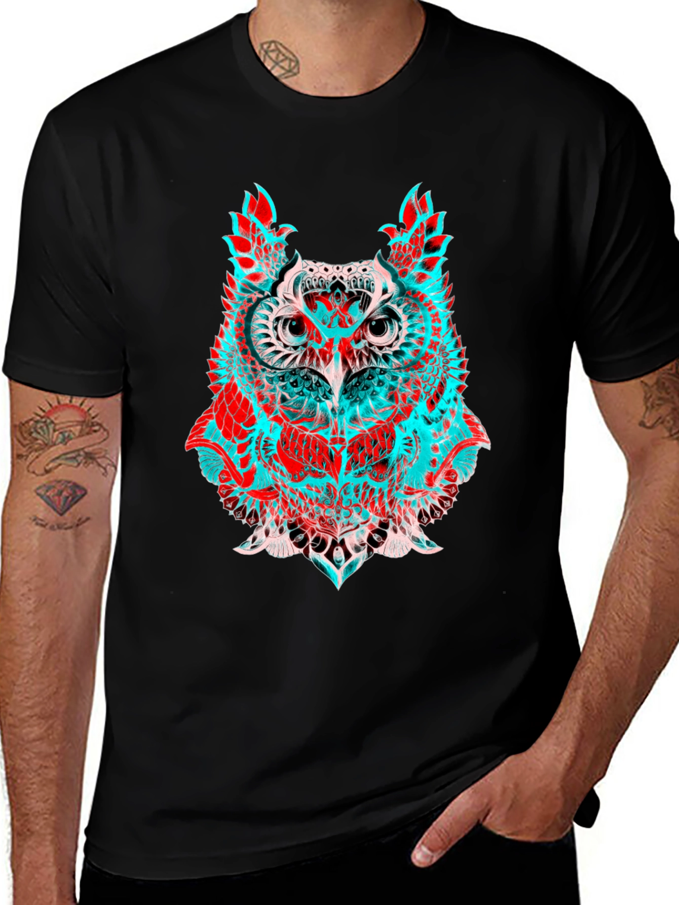 Variant 16 of Psychedelic Owl Graphic Tee - Black Cotton Shirt