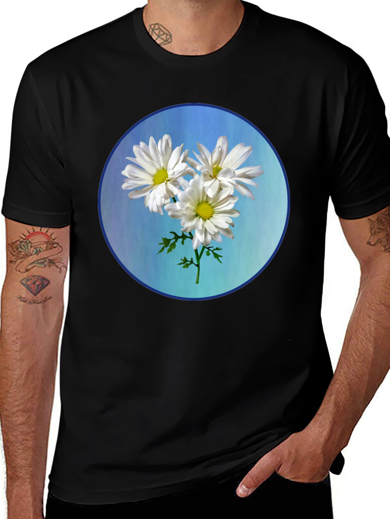 Variant 24 of Daisy Graphic T-Shirt - Round Design on Black Cotton