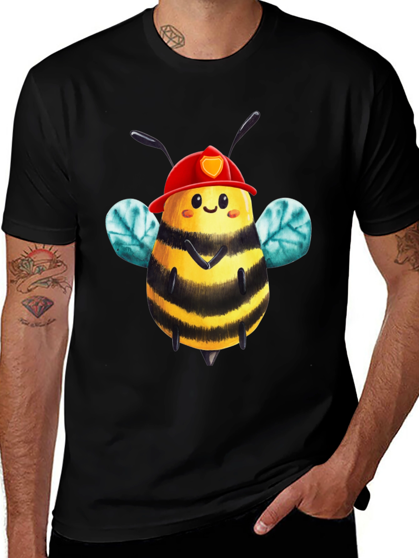 Variant 29 of Firefighter Bee Graphic T-Shirt - Black Cotton Tee