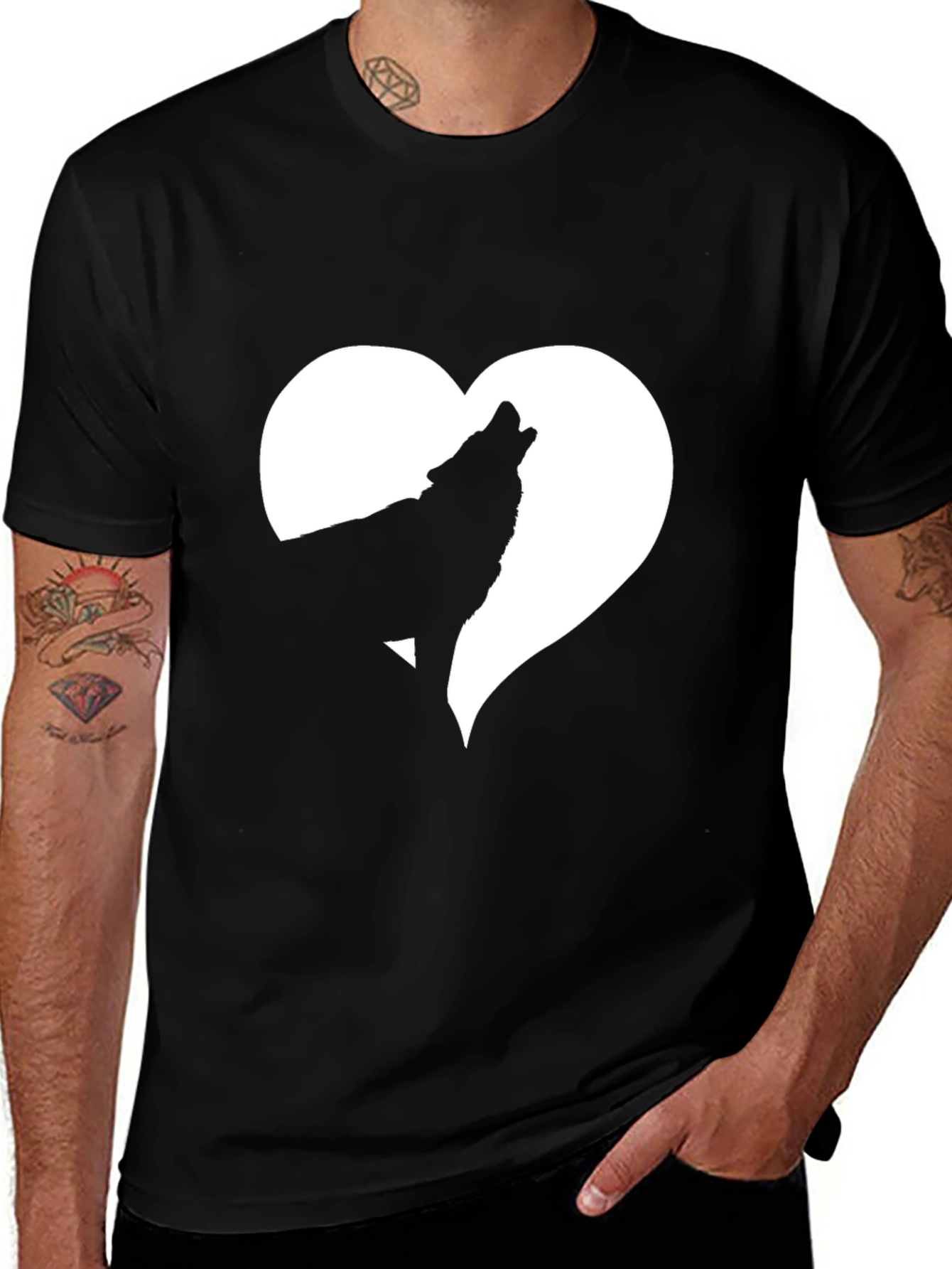 Wolf Heart Graphic Tee - Black Cotton T-Shirt