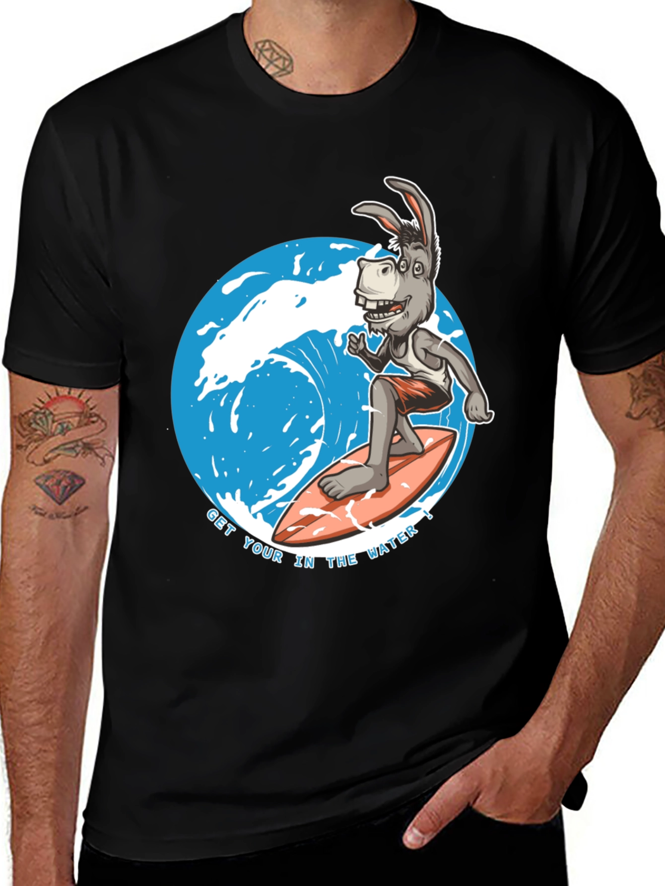 Black Surfing Donkey Graphic T-Shirt main image