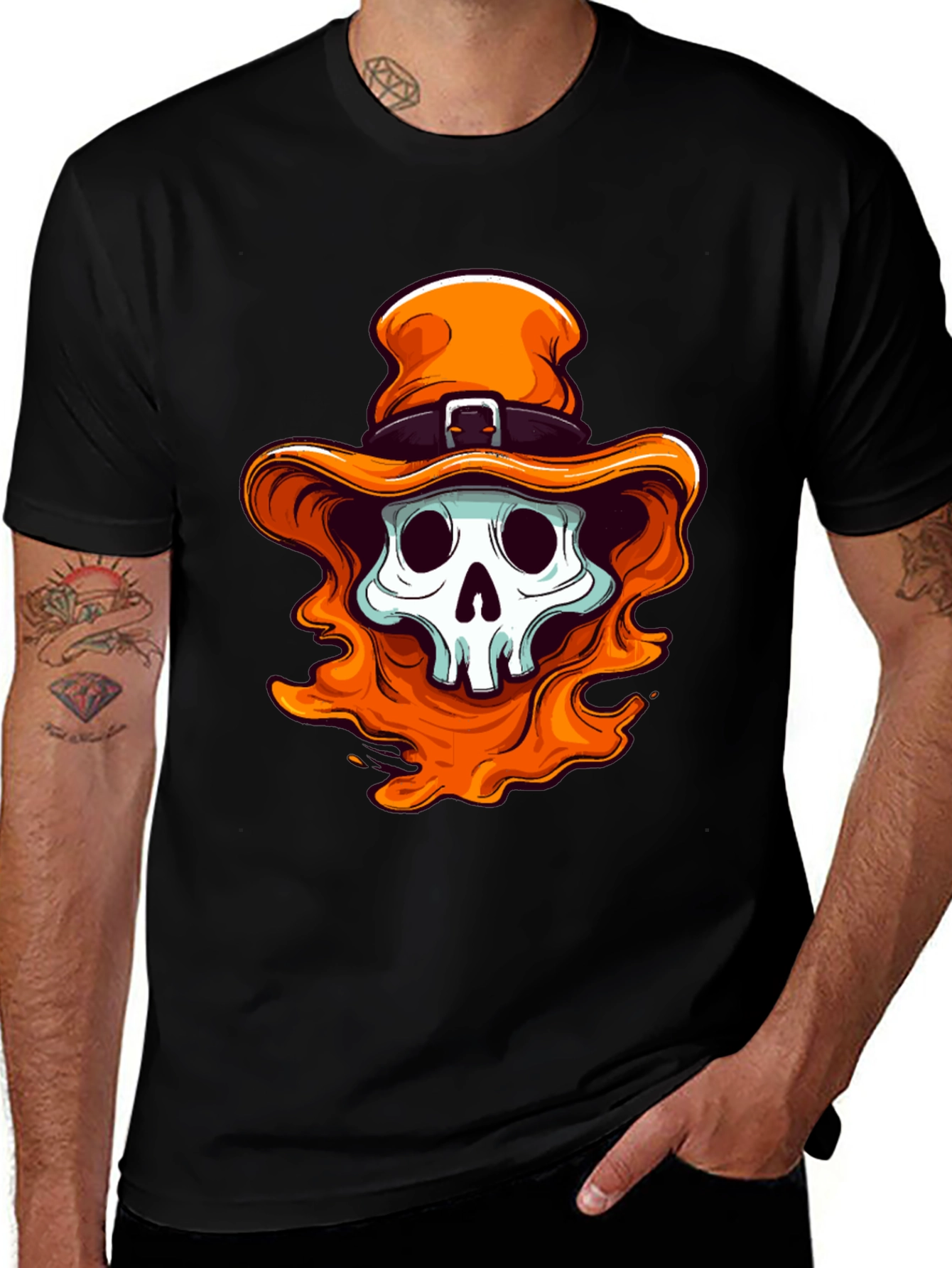 Variant 28 of Skull with Orange Hat Graphic Tee