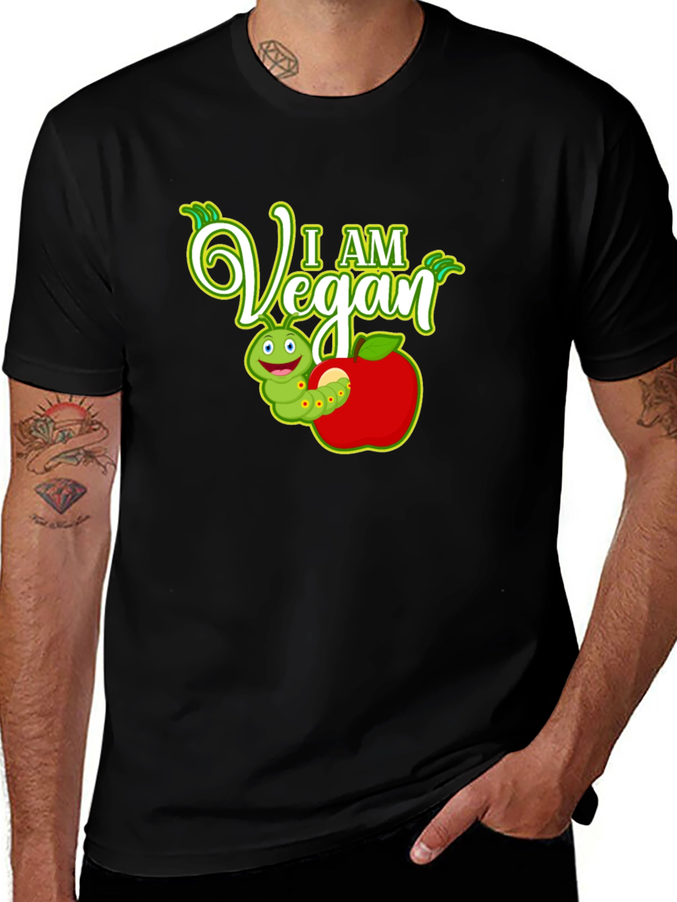 Variant 15 of I am Vegan T-Shirt - Cute Worm Apple Design