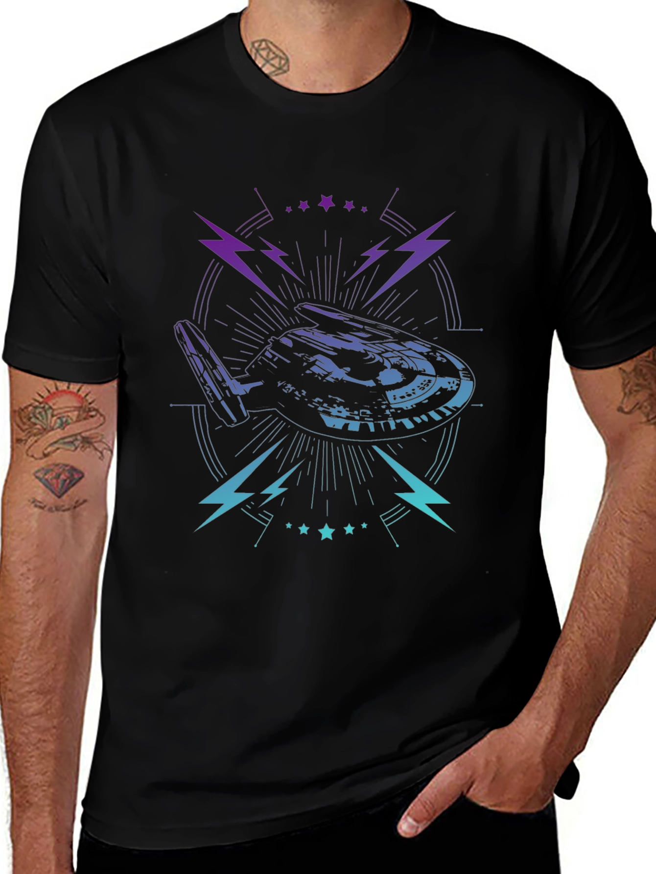 Variant 3 of Sci-Fi Spaceship Graphic Tee - Black Cotton T-Shirt