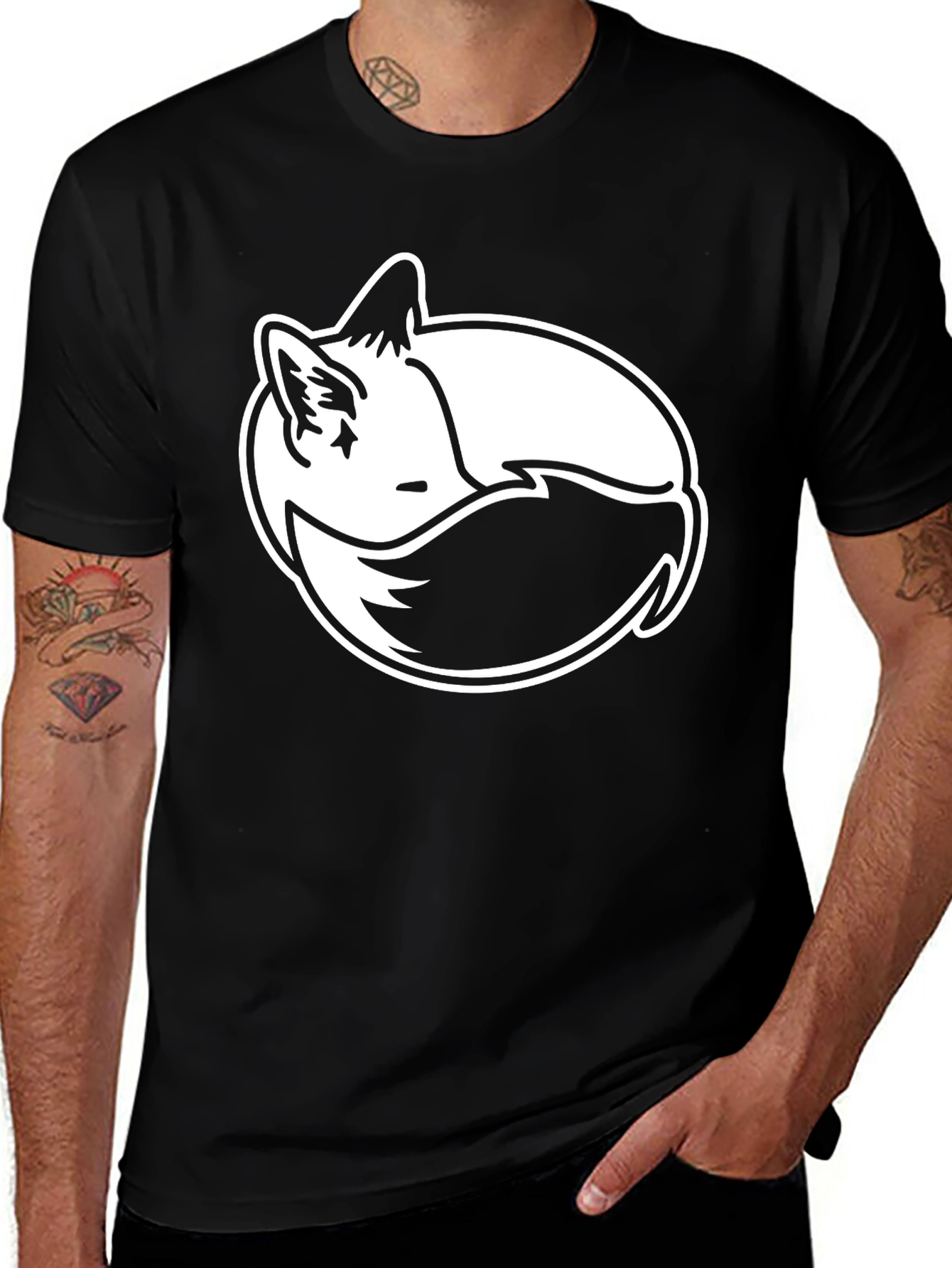 Variant 18 of Sleeping Fox Graphic Tee - Black Cotton Casual Shirt