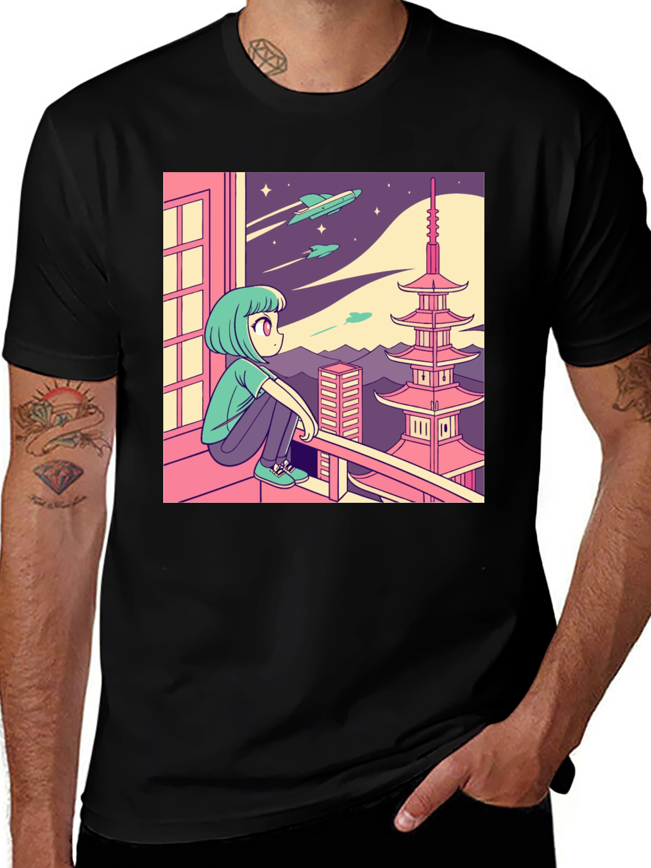 Variant 15 of Anime Girl Stargazing Graphic Tee