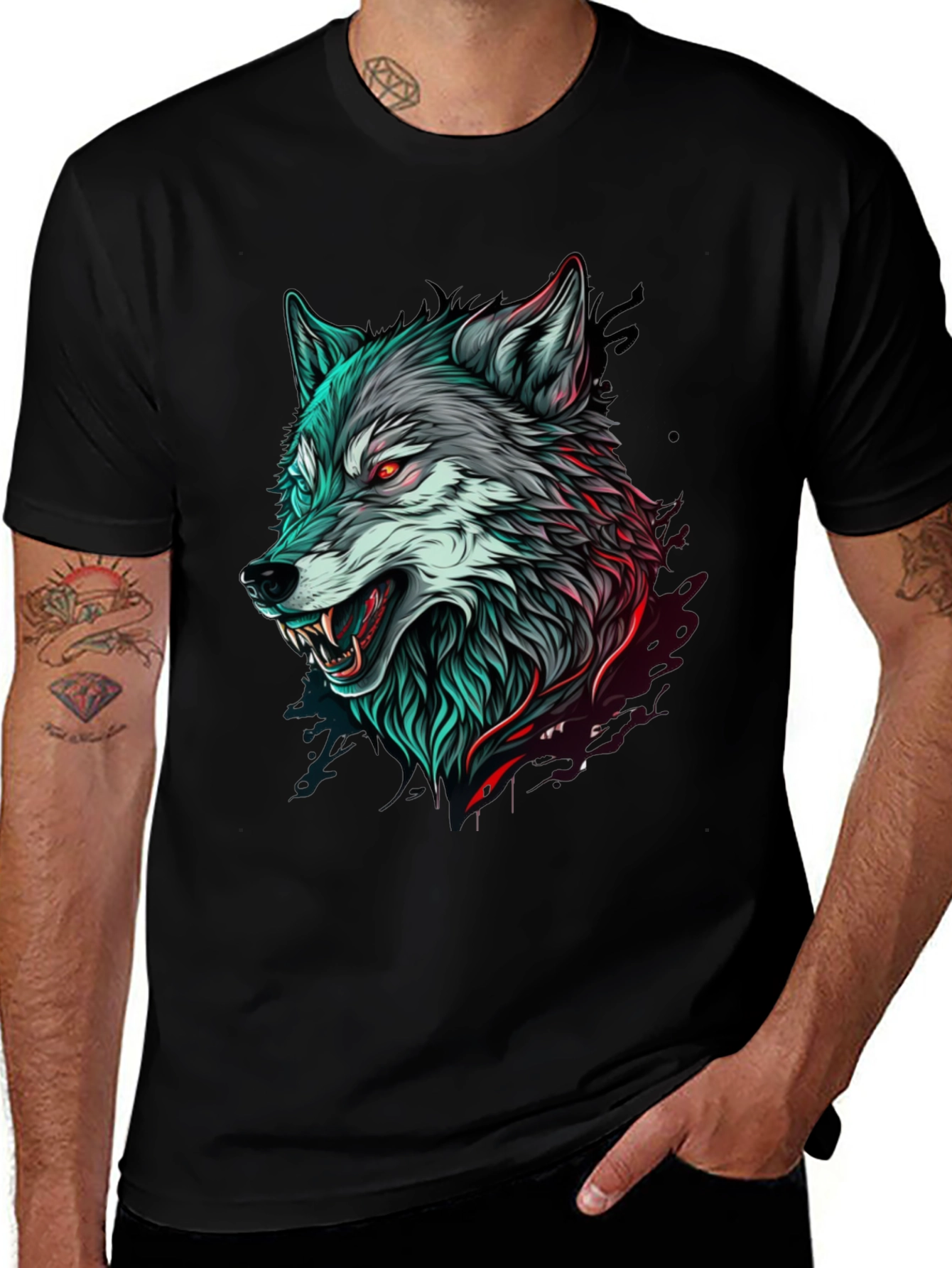 Variant 2 of Men's Black T-Shirt with Wolf Graphic