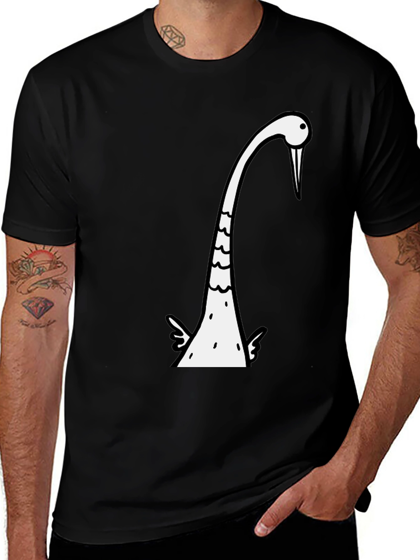 Variant 27 of Cartoon Crane Graphic Tee - Black Cotton T-Shirt