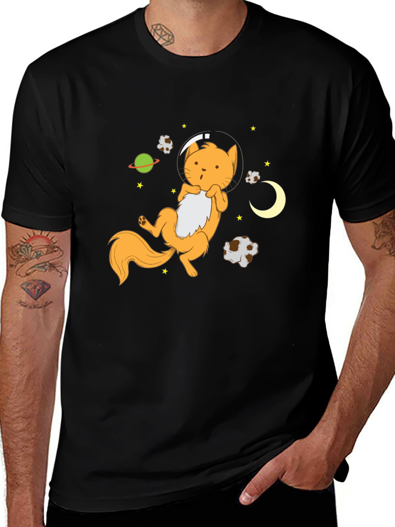 Variant 25 of Astronaut Cat Graphic Tee - Black Cotton Blend T-Shirt