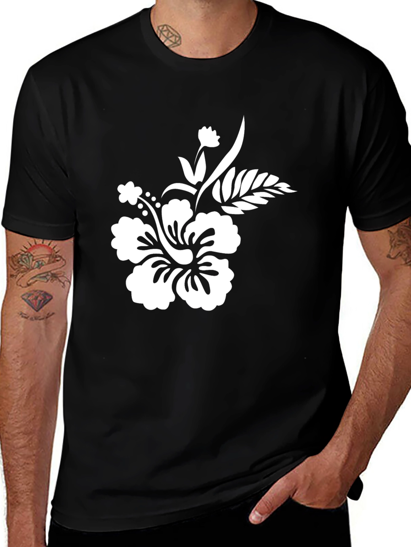 Variant 29 of Black T-Shirt with White Hibiscus Flower Design