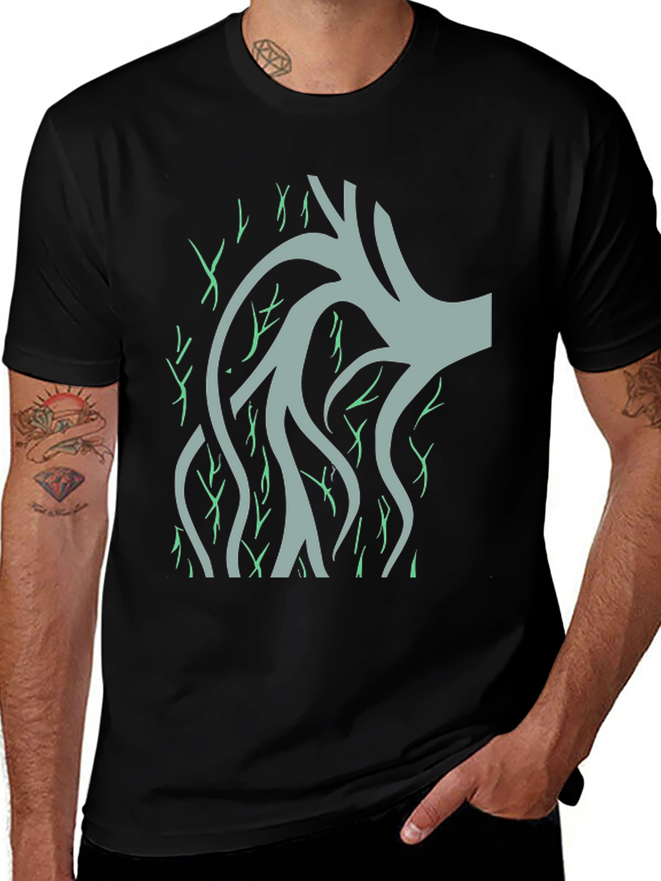 Variant 30 of Men's Black T-Shirt with Abstract Tree Design