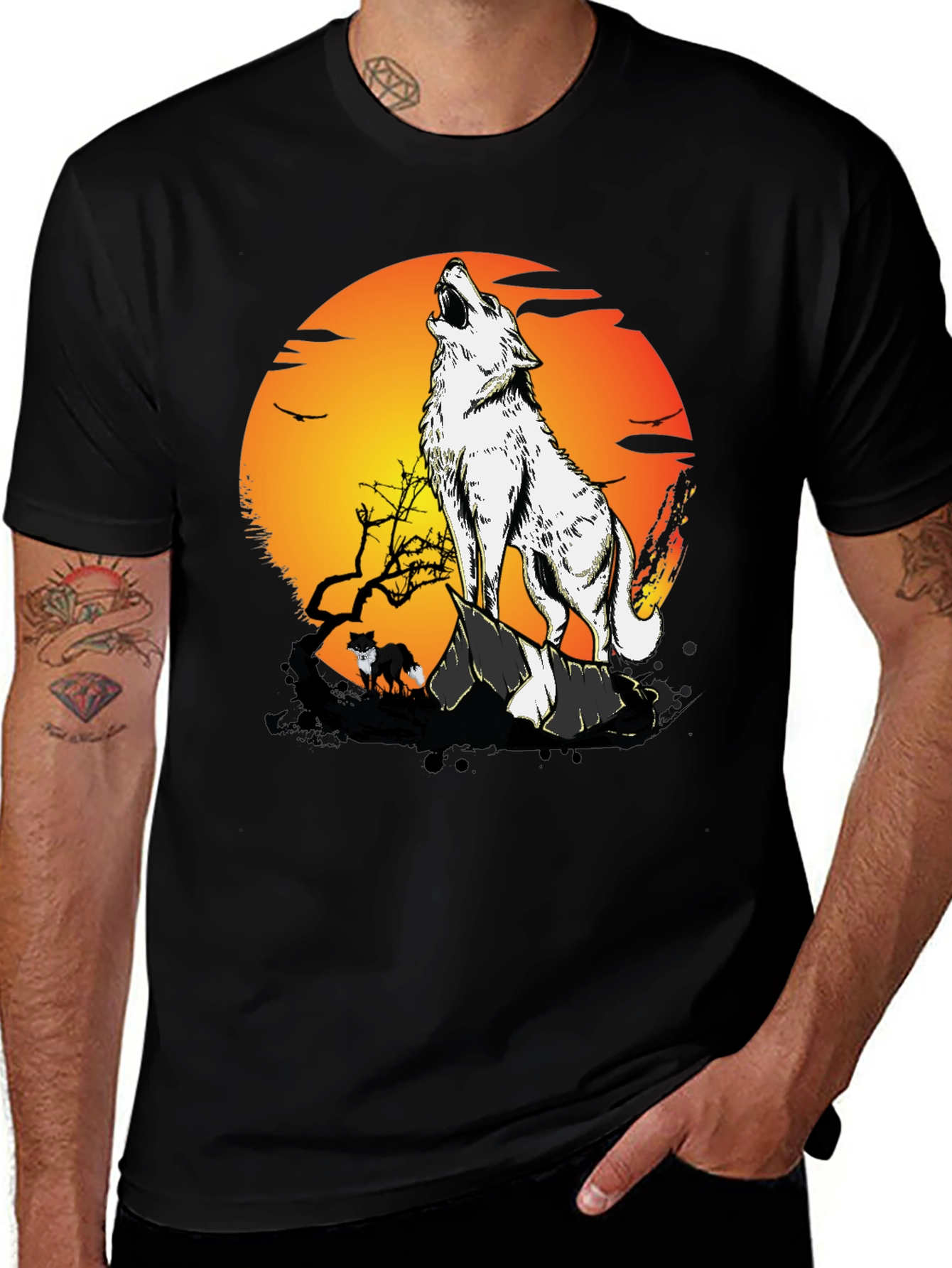 Variant 2 of Wolf Howling at Moon Graphic Tee - Black
