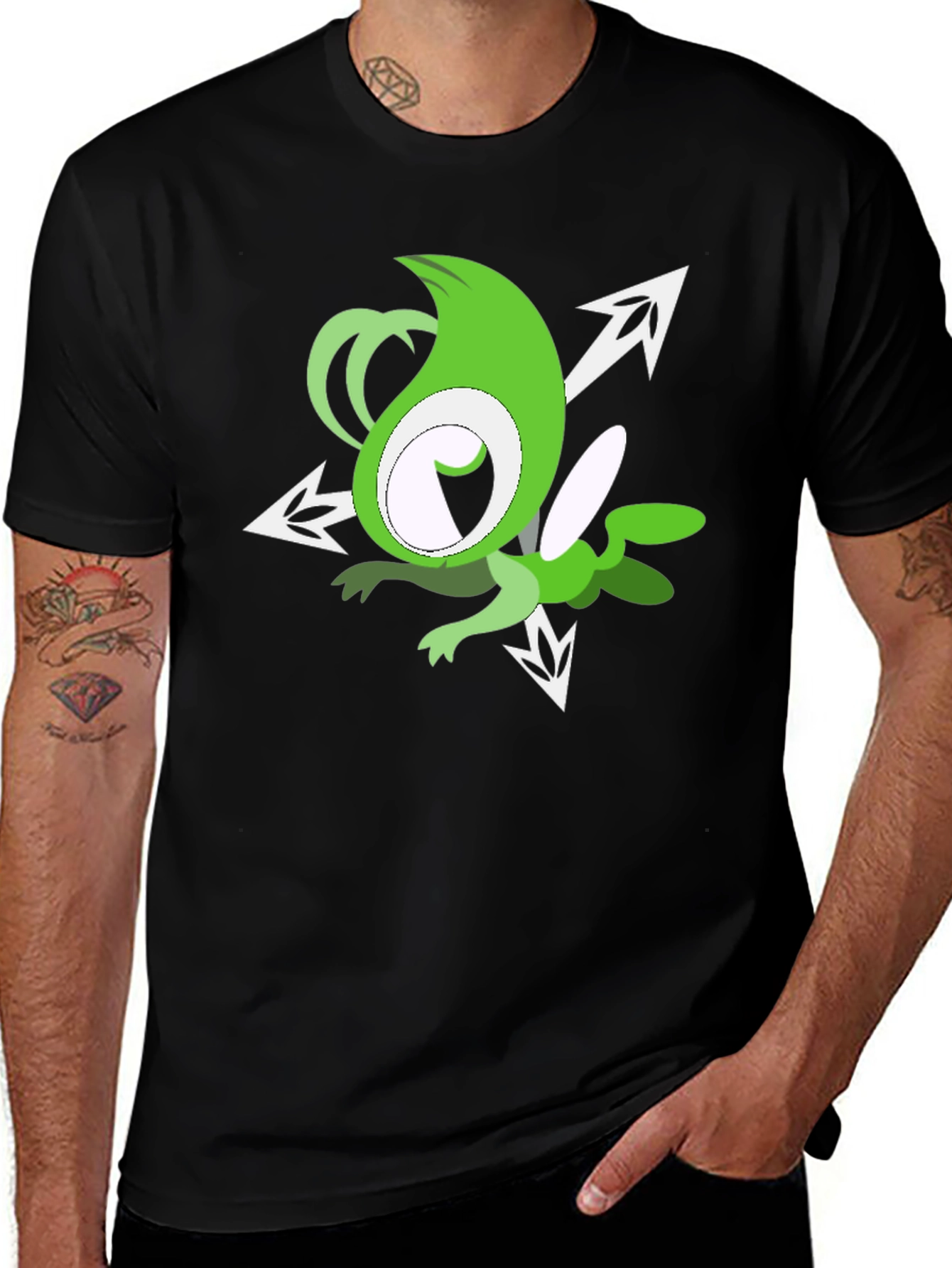 Variant 21 of Green Cartoon Character Black T-Shirt