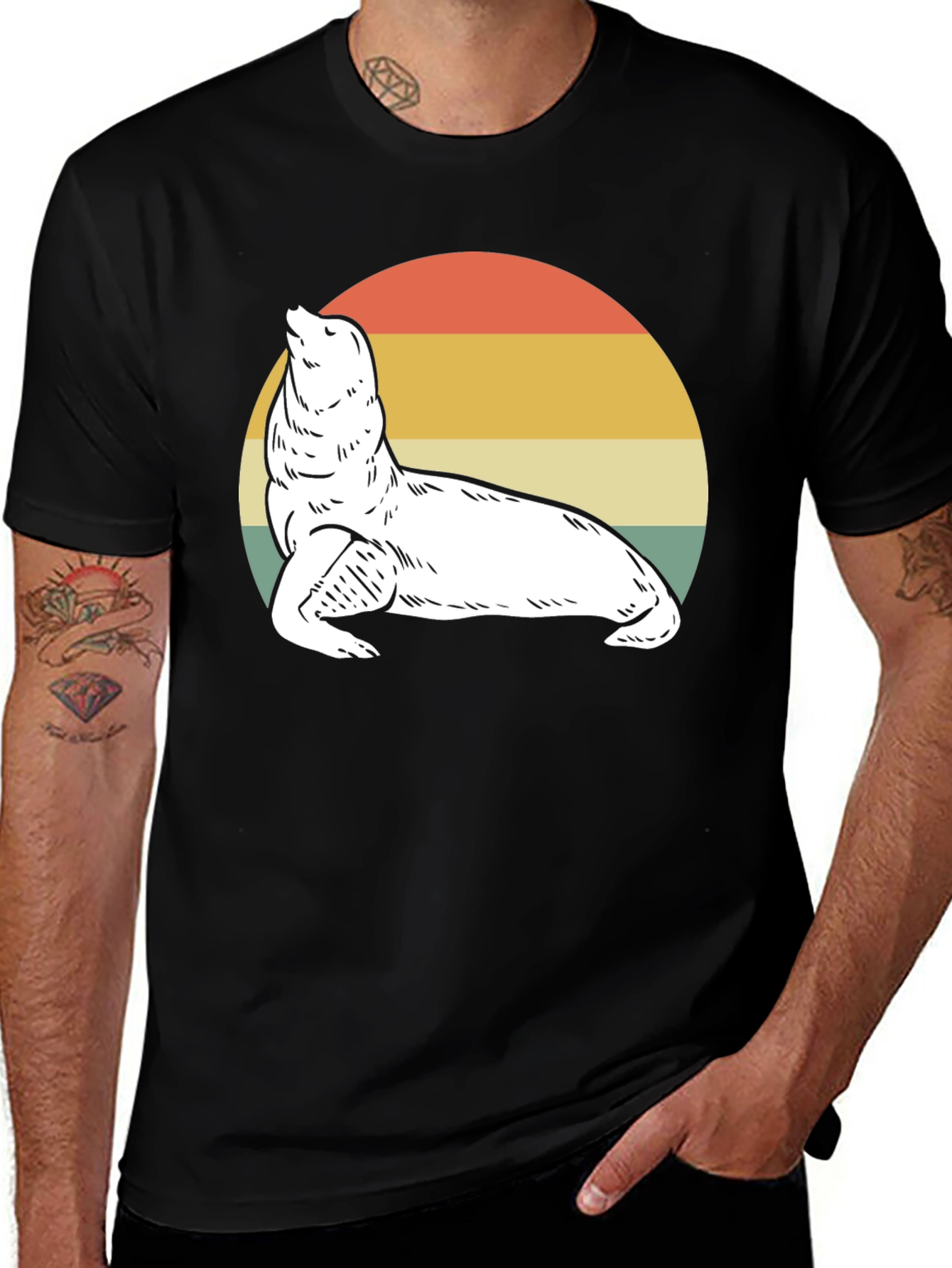 Variant 28 of Retro Sea Lion Graphic Tee - Black Cotton T-Shirt