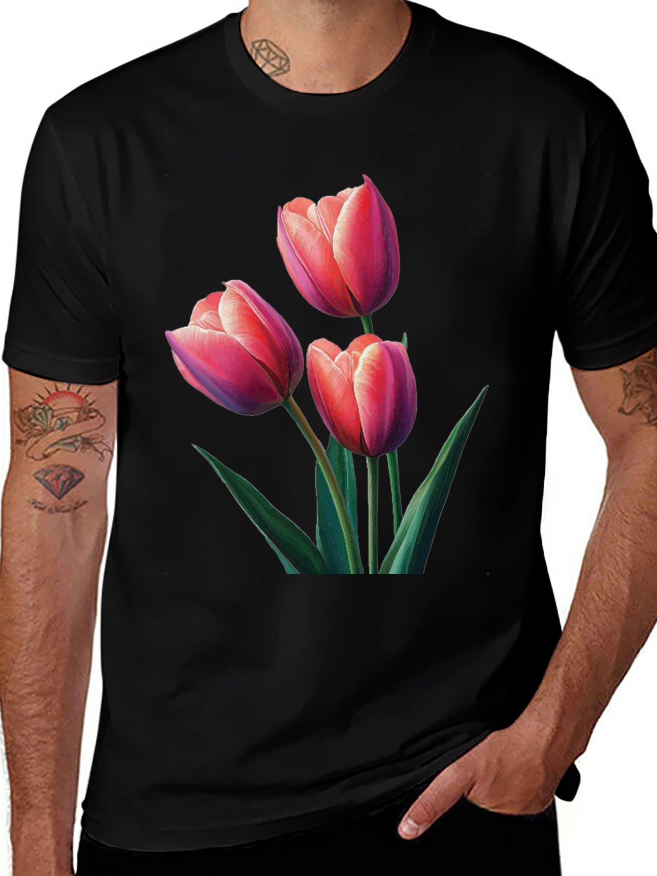 Variant 19 of Floral Tulip Print Black T-Shirt