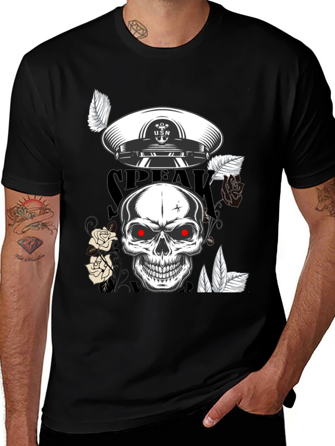 Skull & USN Hat Graphic Print Black T-Shirt