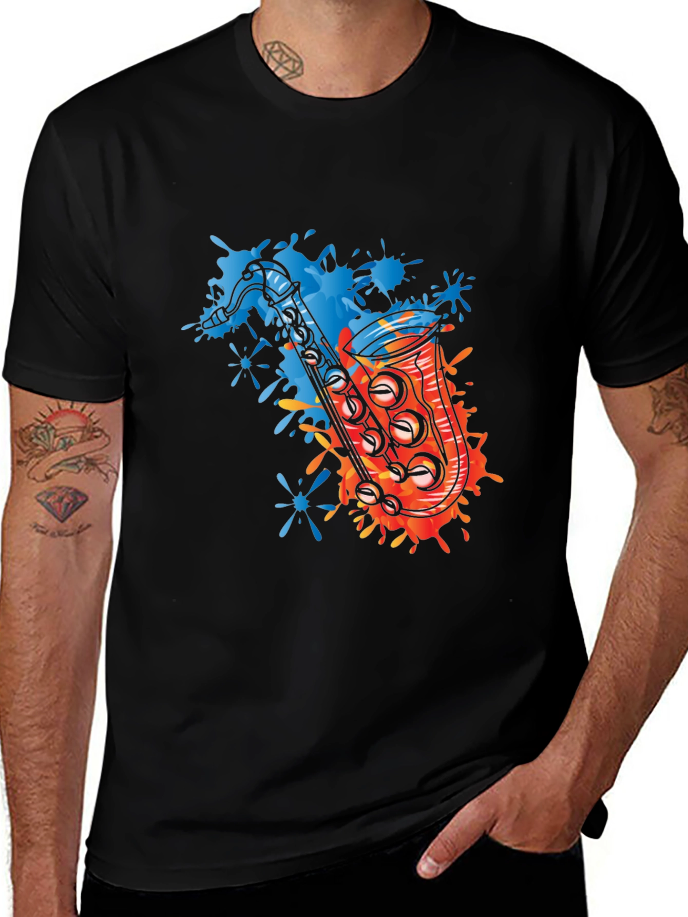 Variant 30 of Men's Black T-Shirt with Colorful Saxophone Graphic