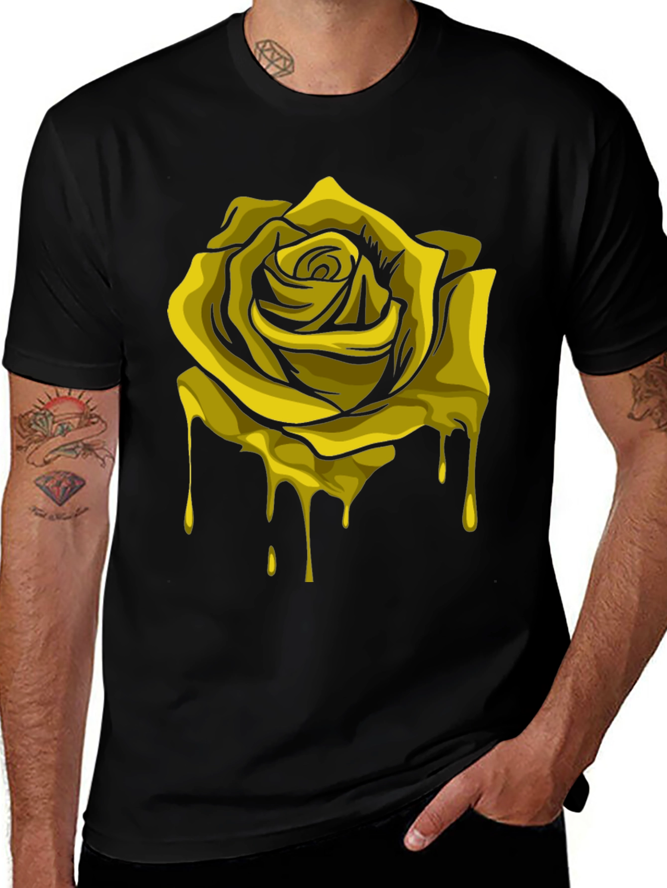 Dripping Gold Rose Graphic Black T-Shirt