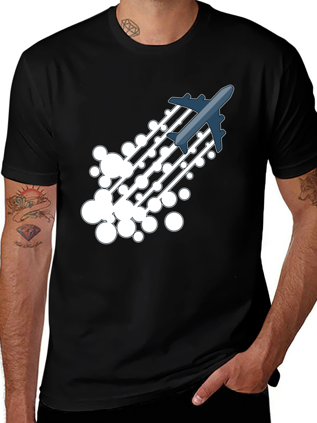 Variant 15 of Airplane Trail Graphic Tee - Black Cotton Blend Shirt