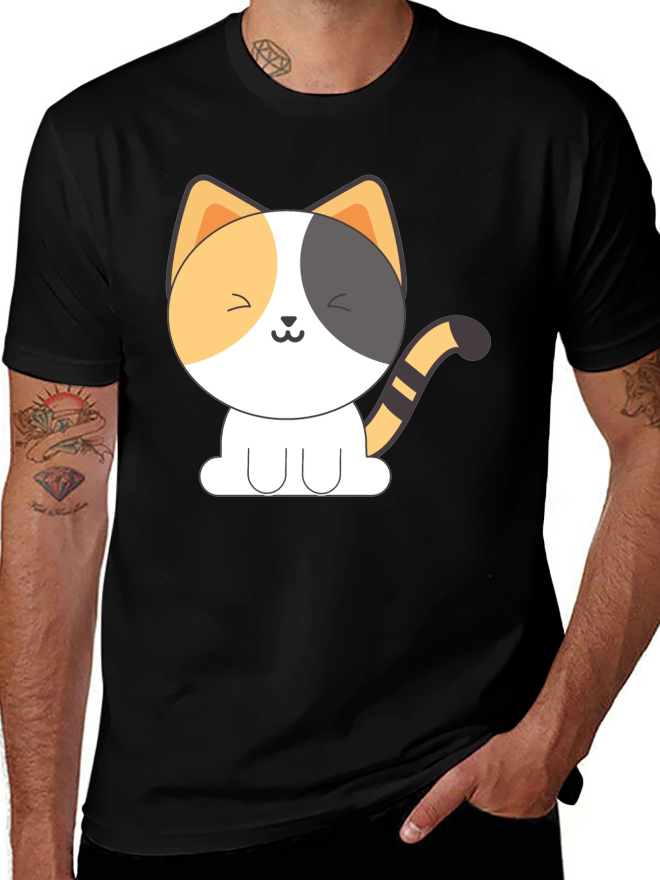 Variant 2 of Cute Cartoon Cat T-Shirt - Men's Black Graphic Tee
