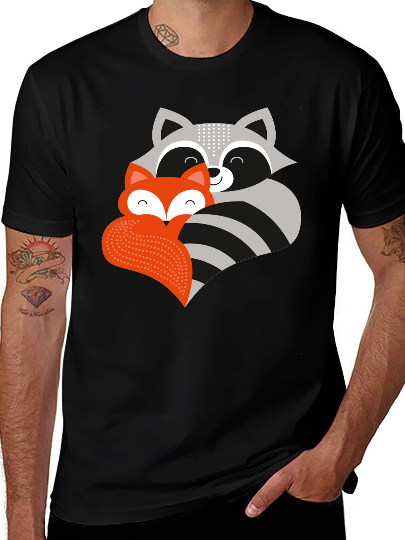 Variant 9 of Cute Raccoon & Fox Graphic T-Shirt - Black