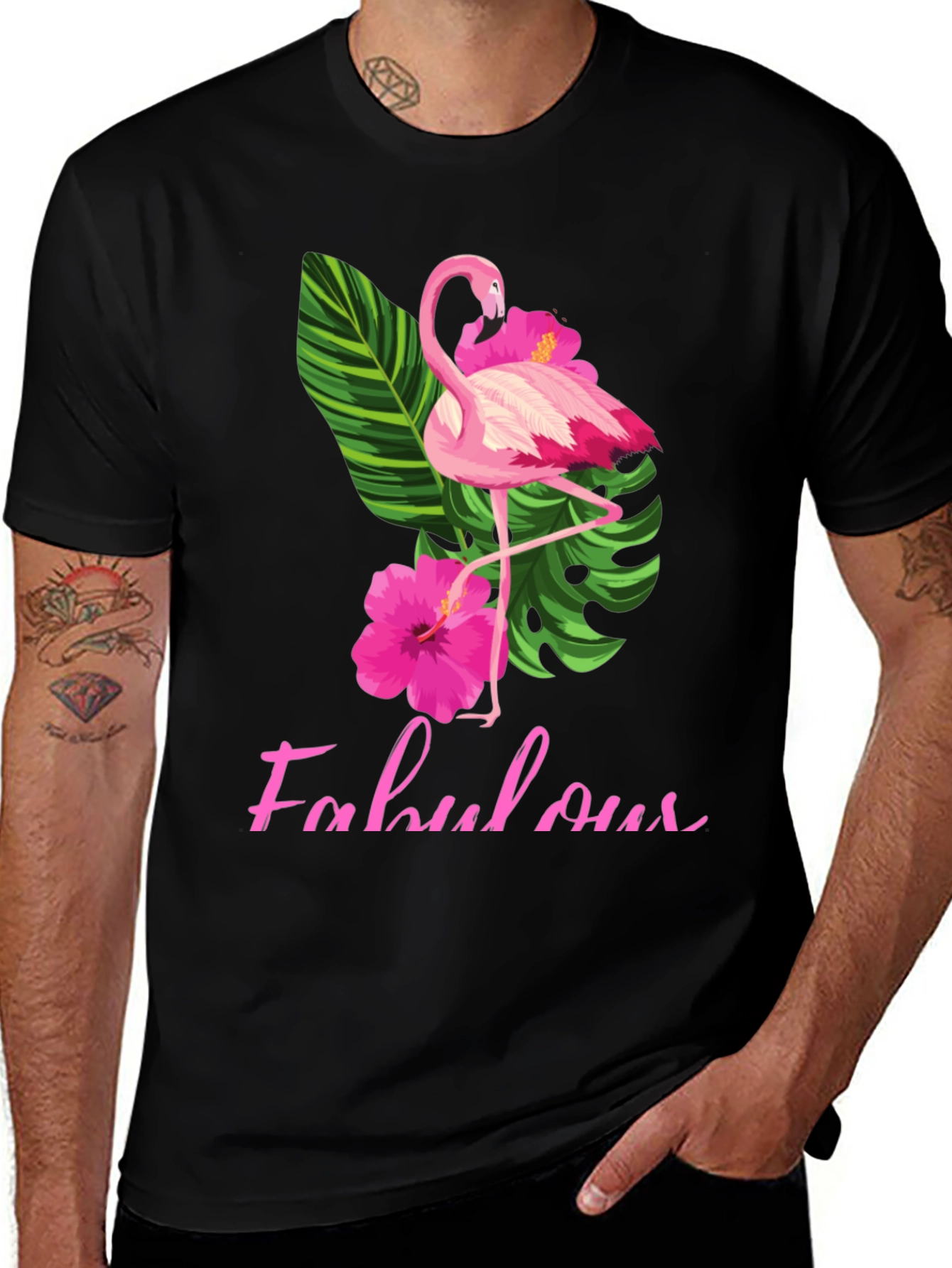 Variant 4 of Fabulous Flamingo T-Shirt - Tropical Hibiscus Design